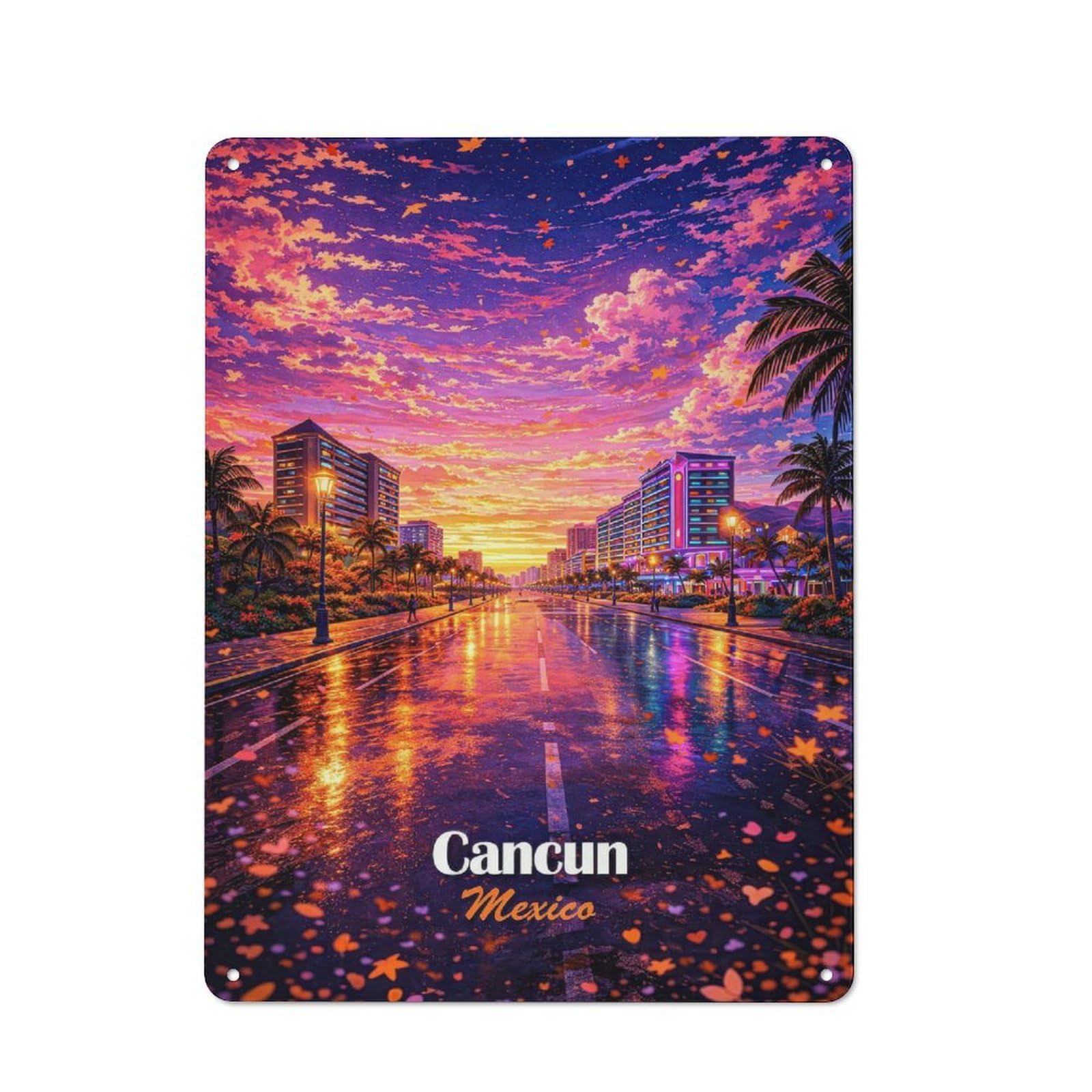 Junmoney Style-10 Tin Sign 40X30cm With Cancun Mexico Sunset Street Scene For Garage Wall, Rustic Decor, For Kitchen, Dining Room And Home Bar Wall Decor