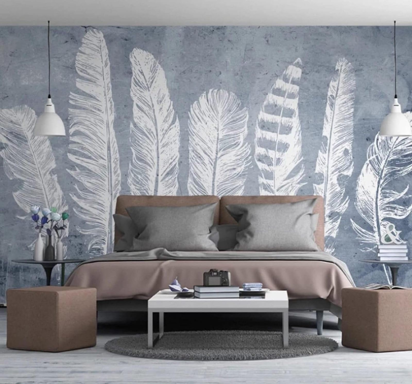 XLMING Vintage Blue Hand Painted White Feathers 3D Wallpaper Luxury Home Dining Decor Paste Sofa Living Room The Wall for Bedroom Mural-300cm×210cm