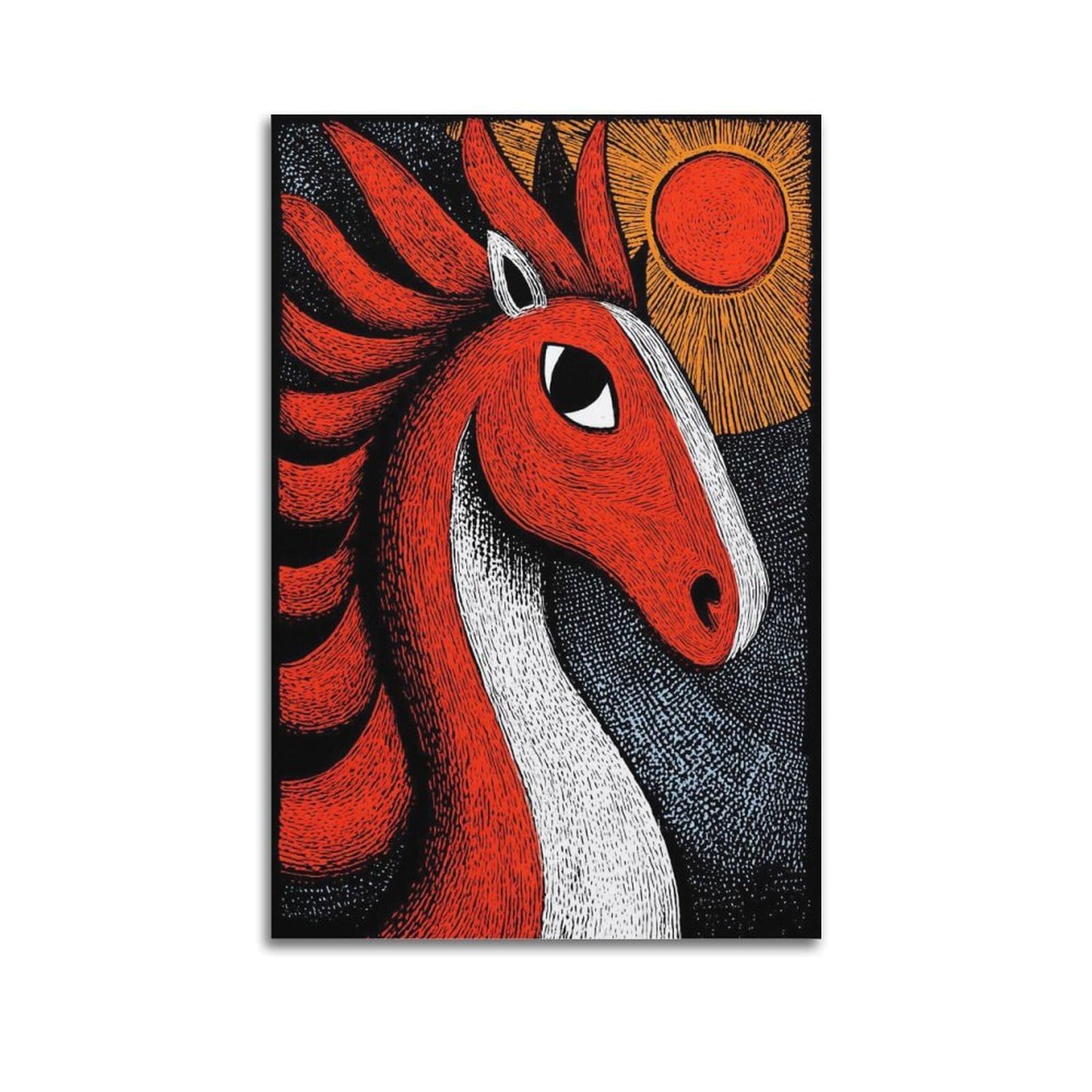 Xkuga Boys Unframe-Style Animal Poster Red Equine Folk Portrait Sun Geometric Modern Decorative Canvas Prints - Ideal Wall Art For Family, Man Cave, Game Room, & Girls Bedroom 20X30inch(50X75cm)