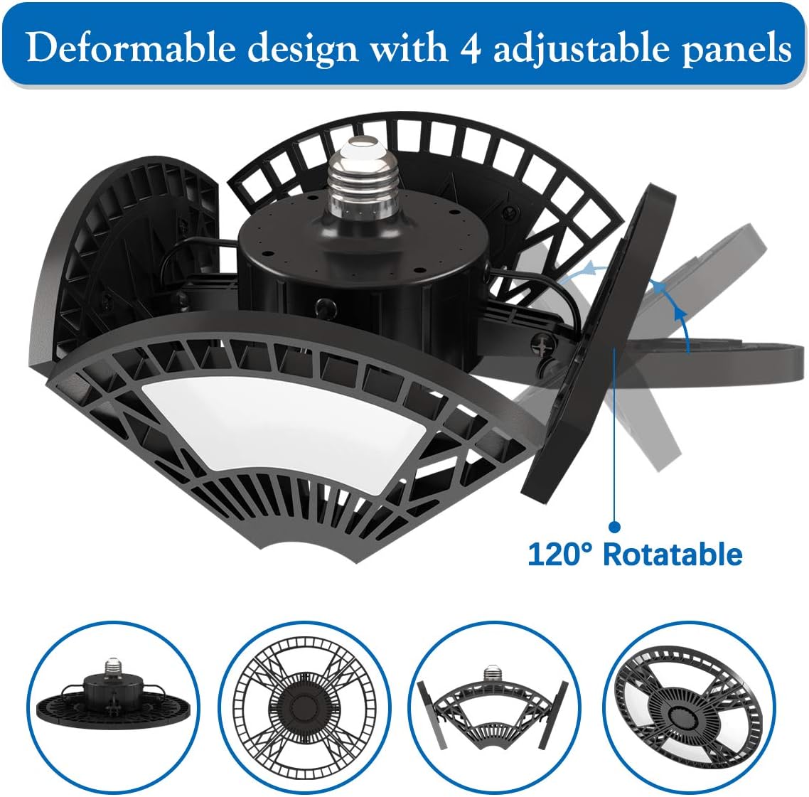 ROTTOGOON LED Garage Lights, 60W Deformable LED Garage Ceiling Lights 6000LM 6500K with 4 Adjustable Panels E26/E27 for Garage, Basement, Warehouse, Workshop, Shop, Barn