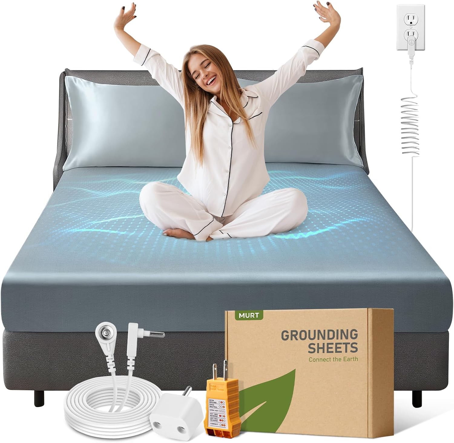 MURT Grounding Sheets Queen Size, 90% Tencel & 10% Pure Silver Fiber, Fitted Earthing Sheet with 15ft Cord & Tester for Better Sleep, Cool & Breathable, SGS Certified (Gray, 60″ x 80″)