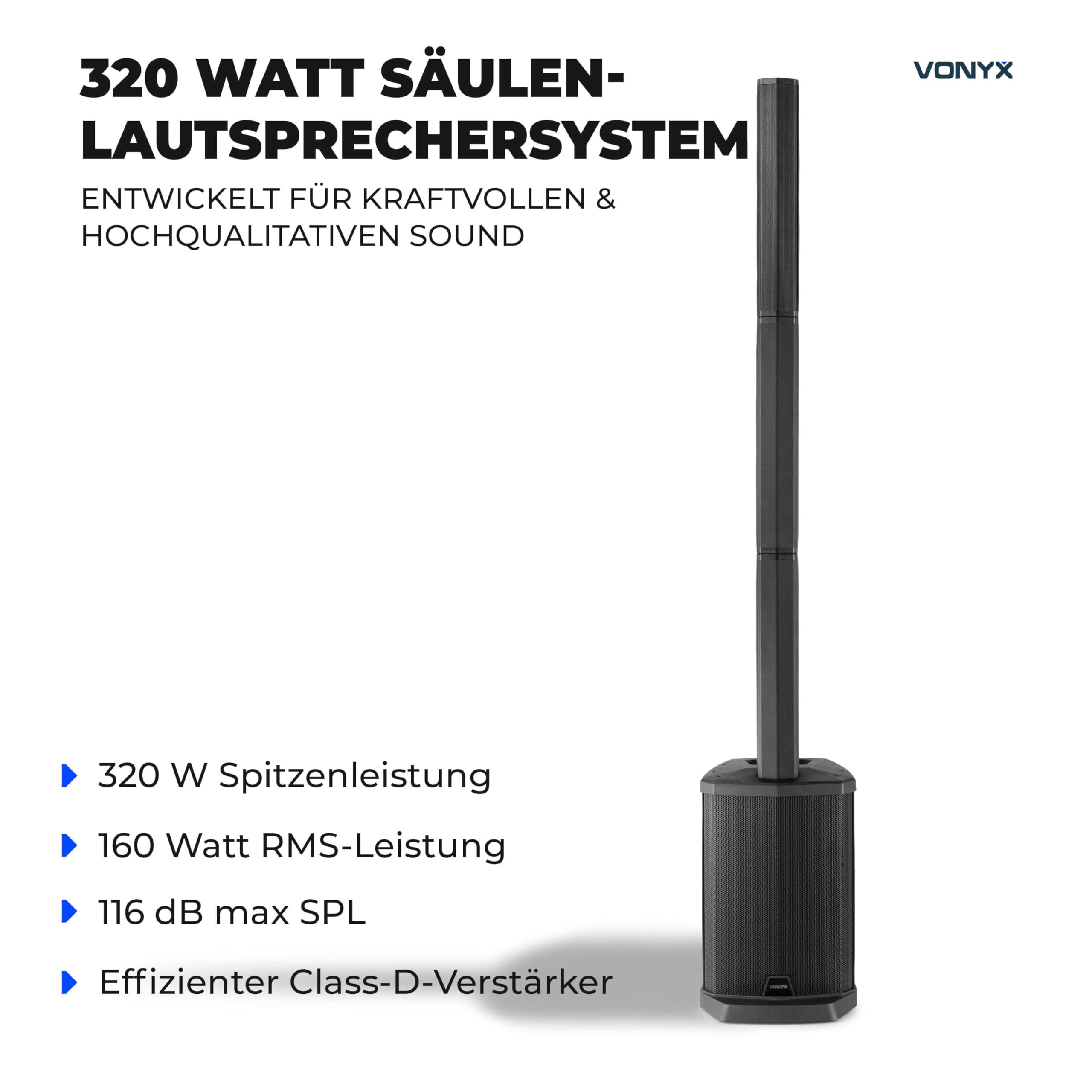 Vonyx VX808 Column Speaker System - 2er Set - PA Anlage Aktiv, 640 Watt Line Array Säulenlautsprecher, 8 Zoll Subwoofer Aktiv, Stereo Pairing, Bluetooth 5.0, DJ Anlage Komplett Set, PA Lautsprecher