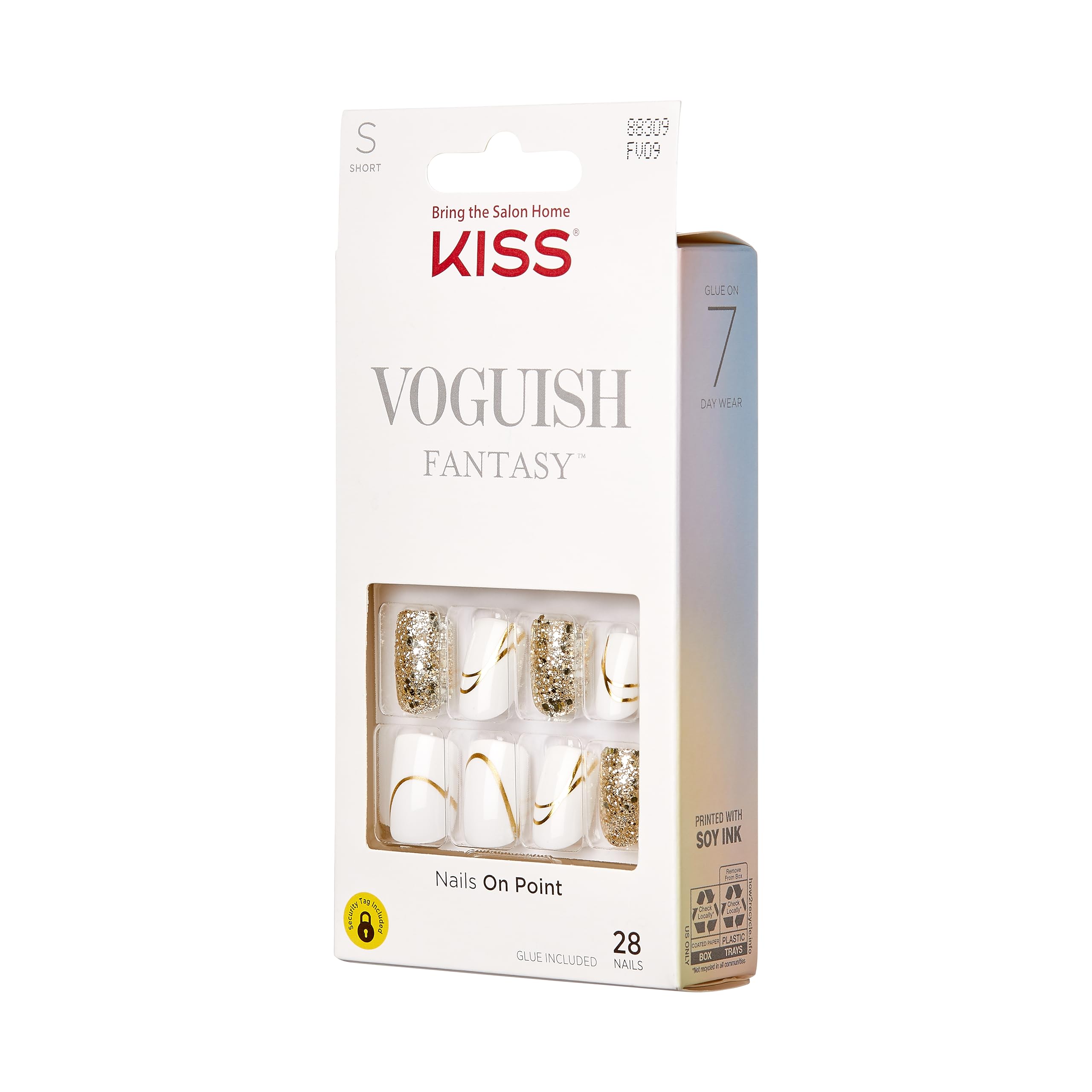 KISS Voguish Fantasy Nails Glam and Glow – Sztuczne Paznokcie z Klejem, Krótkie, Kwadratowe, Białe ze Złotym Brokatem, Zestaw 28 sztuk