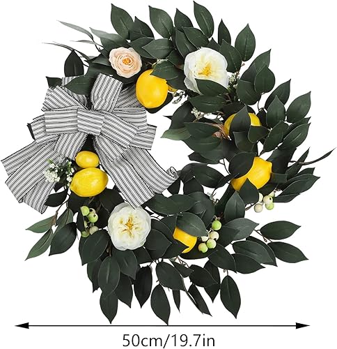 Miniatura 2 de ZHDOKA Corona de limón amarillo de 20 pulgadas con rosas y lazo, corona de frutas de primavera y verano, corona de hojas verdes limón para puerta