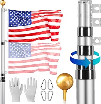 VEVOR 20FT Telescoping Flag Pole Kit, Heavy Duty Aluminum Alloy in Ground Flag Poles for Outside, 3 Display Modes Flagpole with 3x5 American Flag, Professional Accessories, Silver