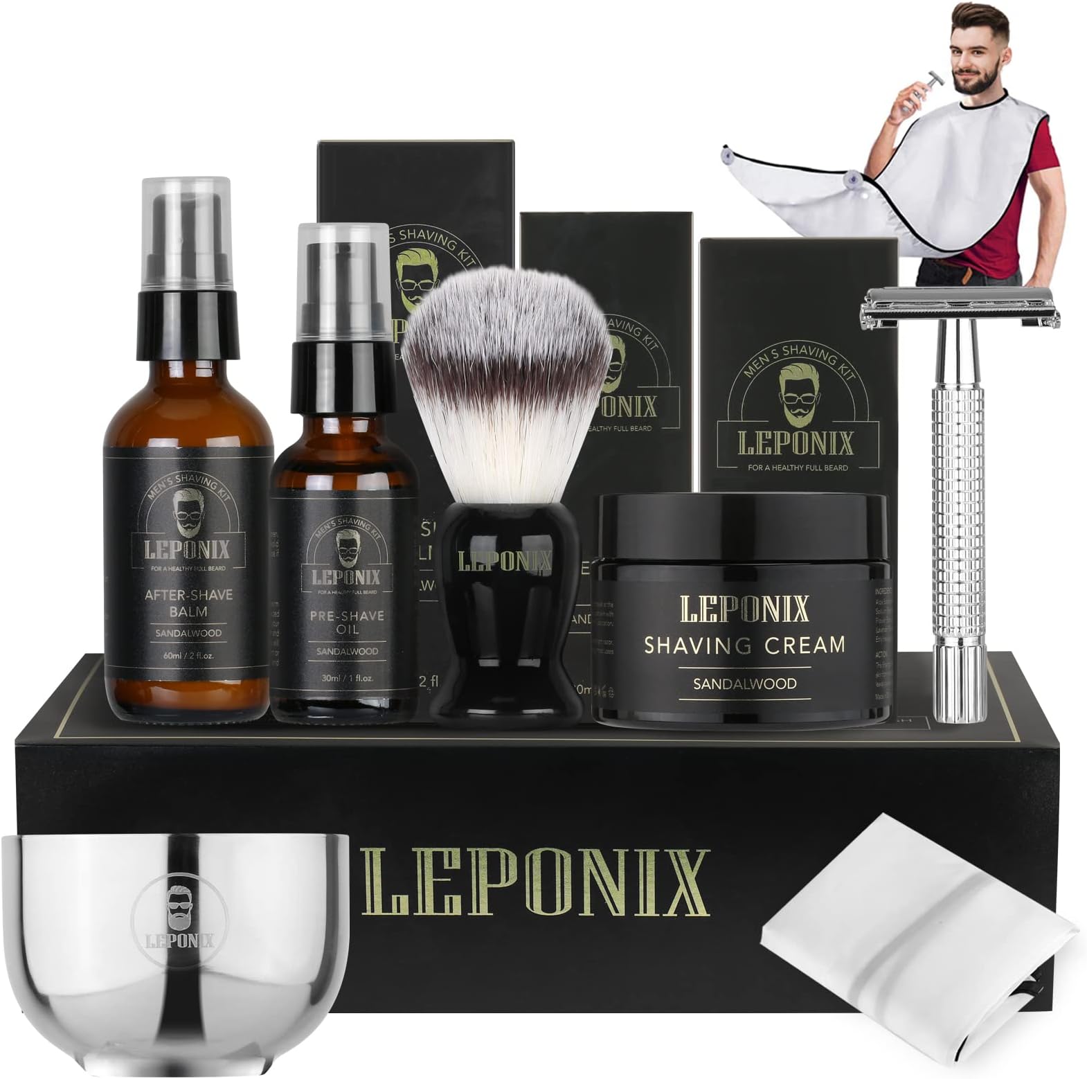 Shaving Kit for Men, Includes Sandalwood Shaving Cream, Mens After Shave Balm, Pre-Shave Oil,Shaving Brush and Bowl, Beard Bib, Aftershave Gift Set for Men Boyfriend Stocking Fillers