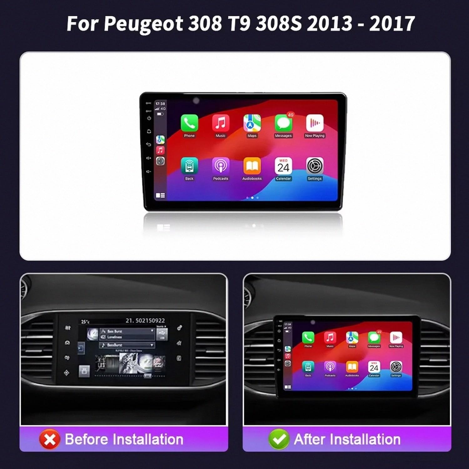 Touchscreen Auto Radio per Peugeot 308 T9 308S 2013-2017 Wireless Carplay Android Auto Stereo Bluetooth Ips con Pantalla Táctil con Gps Navigatore/Swc/Mirror, 4 Nucleo 2G+32G