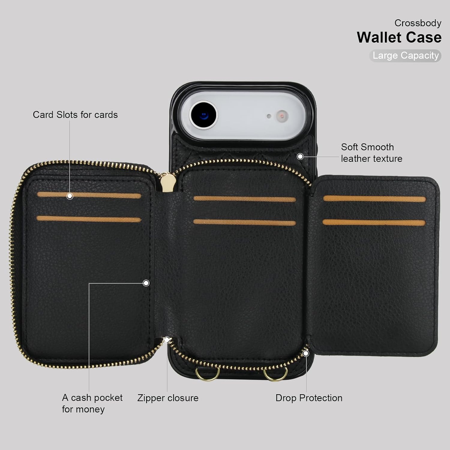 Bocasal Crossbody Wallet Case for iPhone 17 Air, RFID Blocking PU Leather Zipper Handbag Purse Flip Cover, Kickstand Folio Case with Card Slots Holder Wrist Strap Lanyard 5G 6.5 Inch (Black)