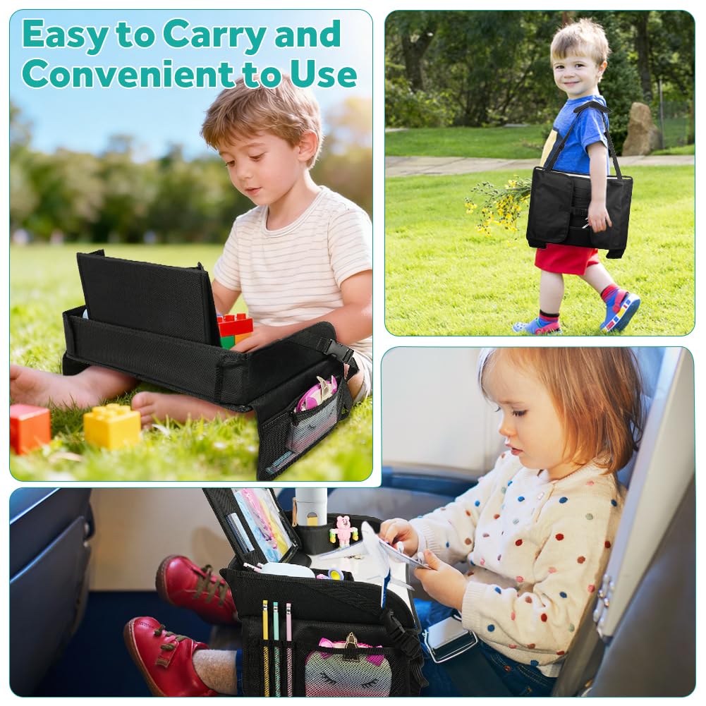 Set combinato 1 Vassoio da Viaggio e 1 Protezione Sedili Auto,Tavolino Auto Bambini, Vassoio Portatile per Tablet, Studiare/Disegnare in Macchina per Ragazze e Maschi (Pacchetto Combinato Nero)