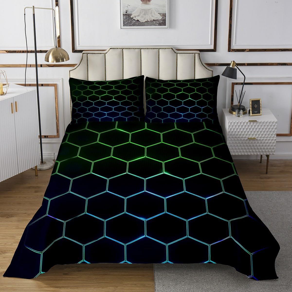 Castle Fairy Geometric Honeycomb Bedding Set Queen Size,Neon Green Blue Bedspread 3Pcs for Kids Boys Teens Room Decor,Glowing Hexagon Comforter Set Modern Fashion Quilt Coverlet,2 Pillowcases