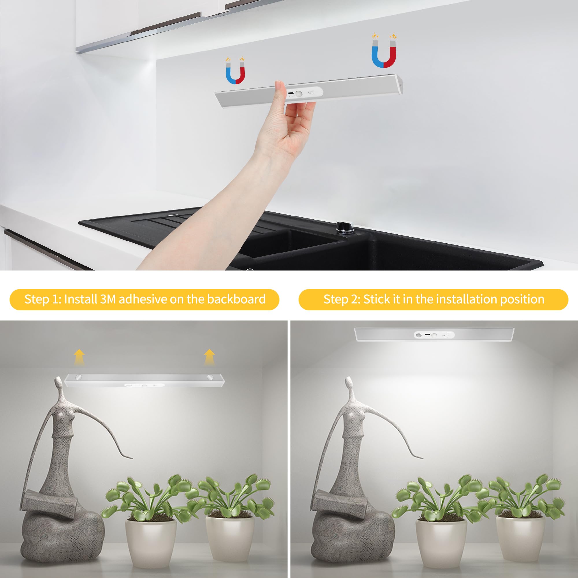 Lampada da incasso da cucina a LED con sensore di movimento, 45 cm/90 LED, illuminazione per armadio con telecomando, ricaricabile tramite USB, luce per armadio, illuminazione a batteria, luce