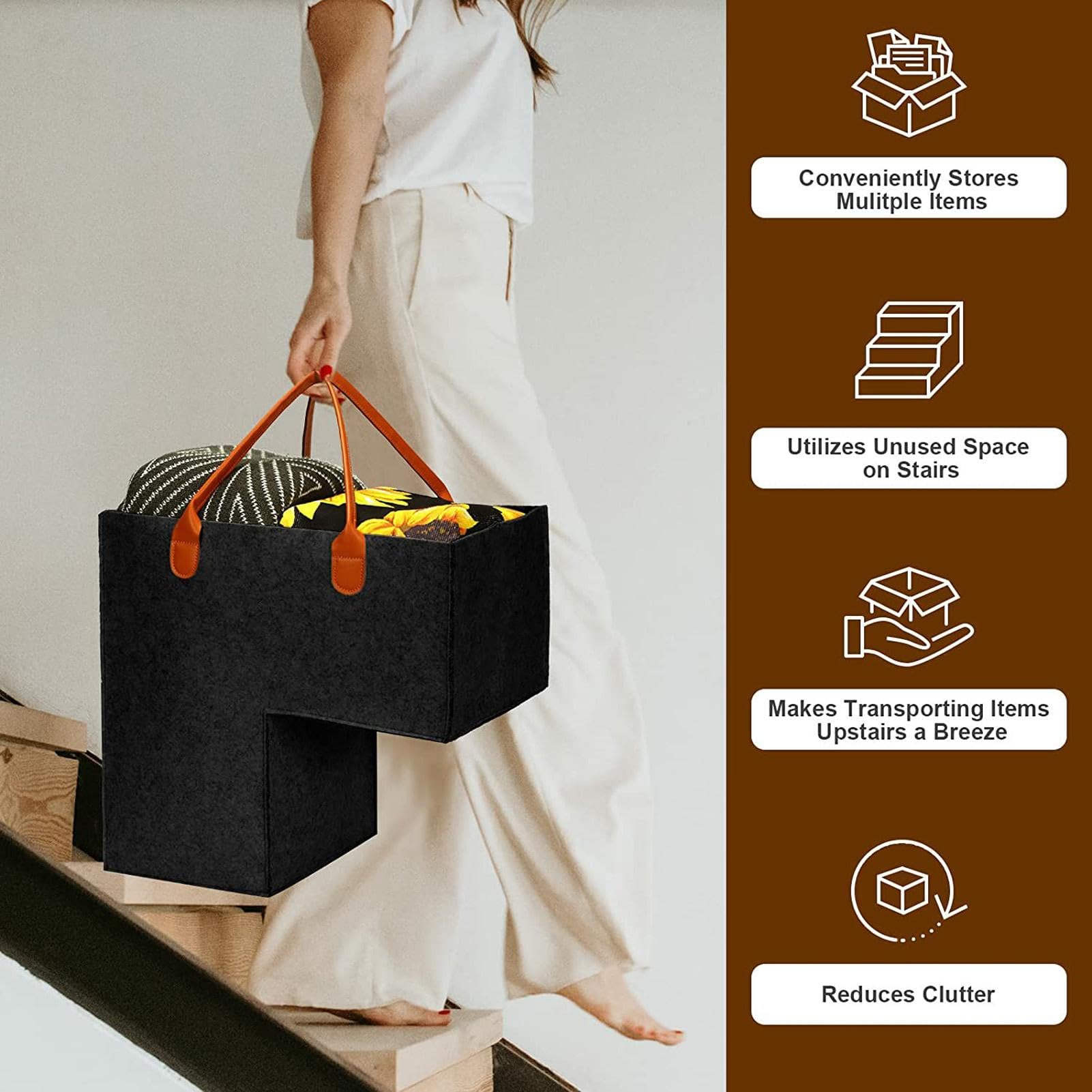 Cesto per scale a forma di L | 2 pz Cestini portaoggetti pieghevoli per scale | Organizer grande per cesta per scale con manico in pelle | Scatola portaoggetti multiuso senza deformazione
