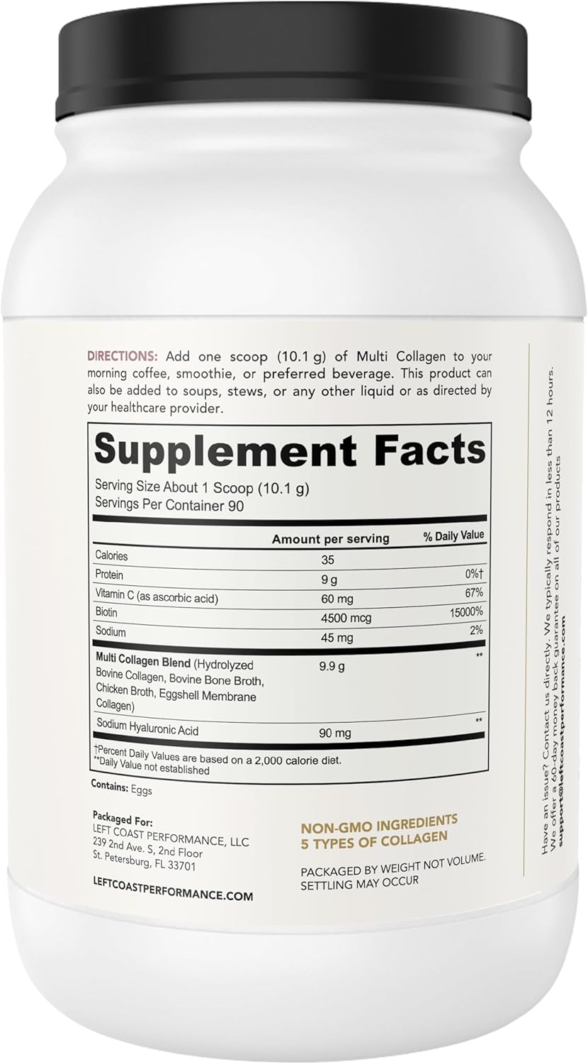 Multi Collagen Powder with Biotin, Hyaluronic Acid, Vitamin C (2lb Value Size) | Hydrolyzed Collagen Supplement (Types I, II, III, V, X). Hair, Skin, Nails for Women, Men
