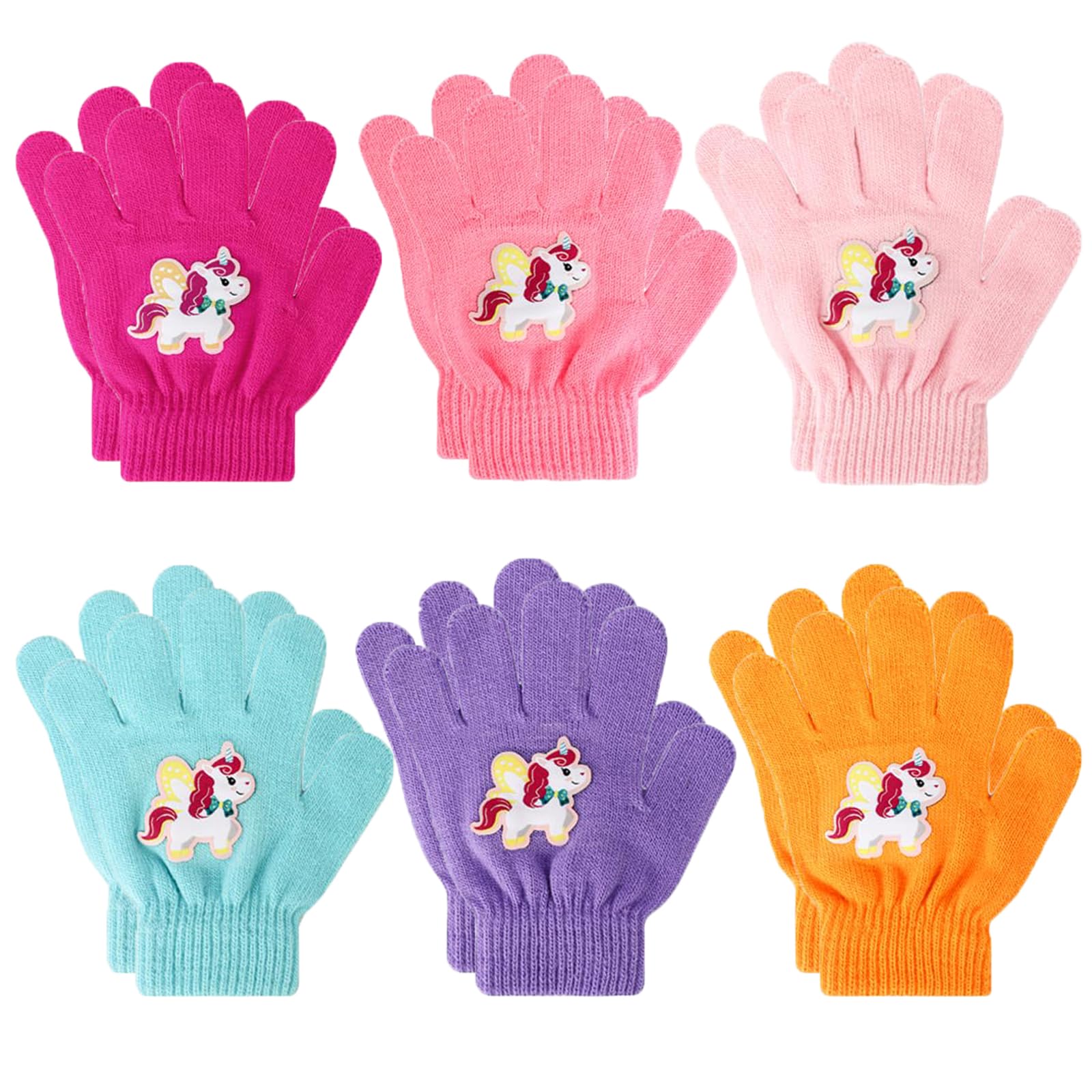 Lot De 6 Paires De Gants D'hiver Tricotés Colorés Pour Enfants - Motif Licorne Magique - Gants Extensibles Et Chauds Pour Garçons Et Filles - Unisexe - 4 à 9 Ans, Multicolore