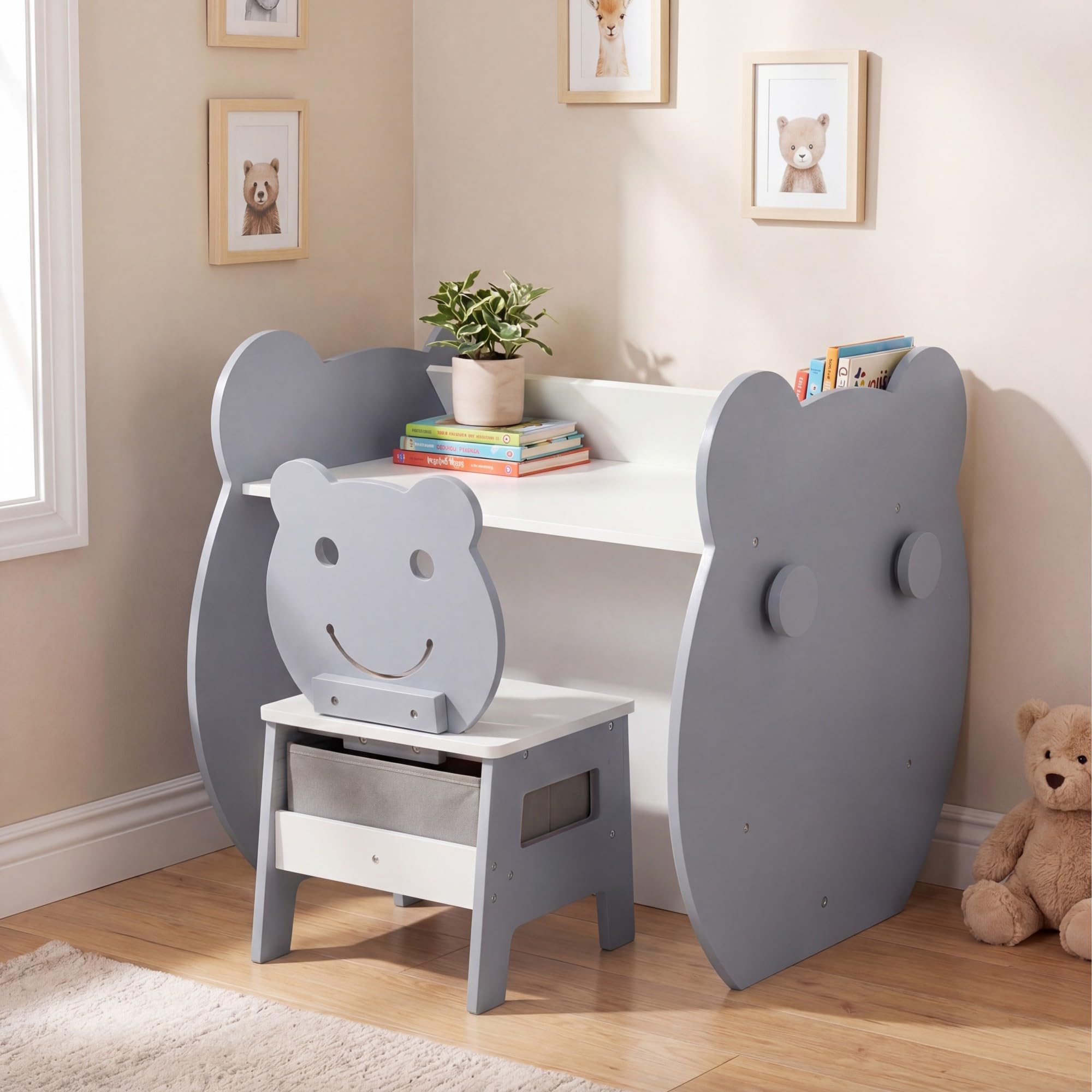 GOPLUS 3 en 1 Mesa y Silla Infantil, Pupitre de Actividades para Niños de 3-10 Años con Pizarra Negra y Blanca Reversible, Estante, Ganchos y Cajón, Mesa de Arte para Estudiar y Dibujar (Gris)