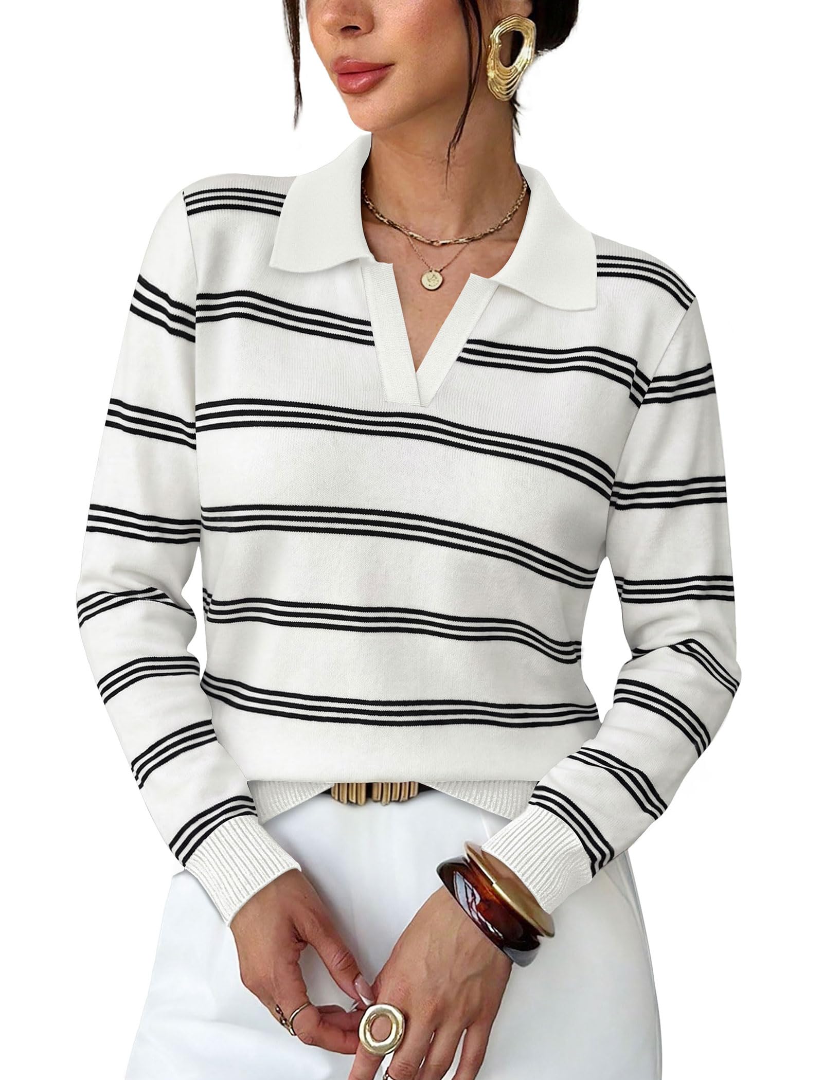 OFEEFAN Women's Polo Sweater Fall Long Sleeve Shirts Business Casual Tops L