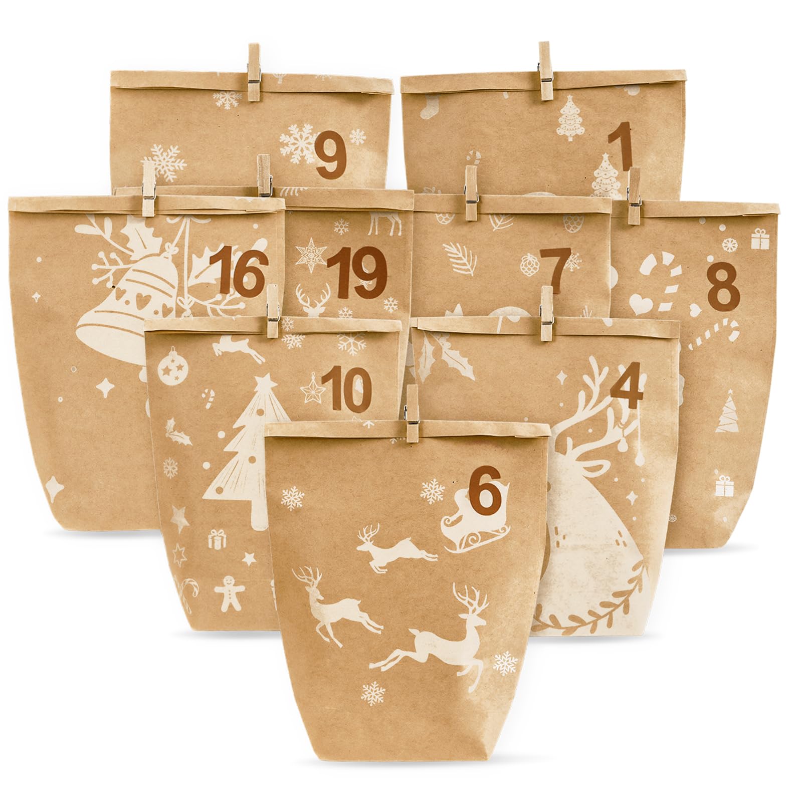 Calendrier De L'Avent DIY 24 Sachets En Papier Kraft - Avec Pinces En Bois, à Remplir Et Réutilisable