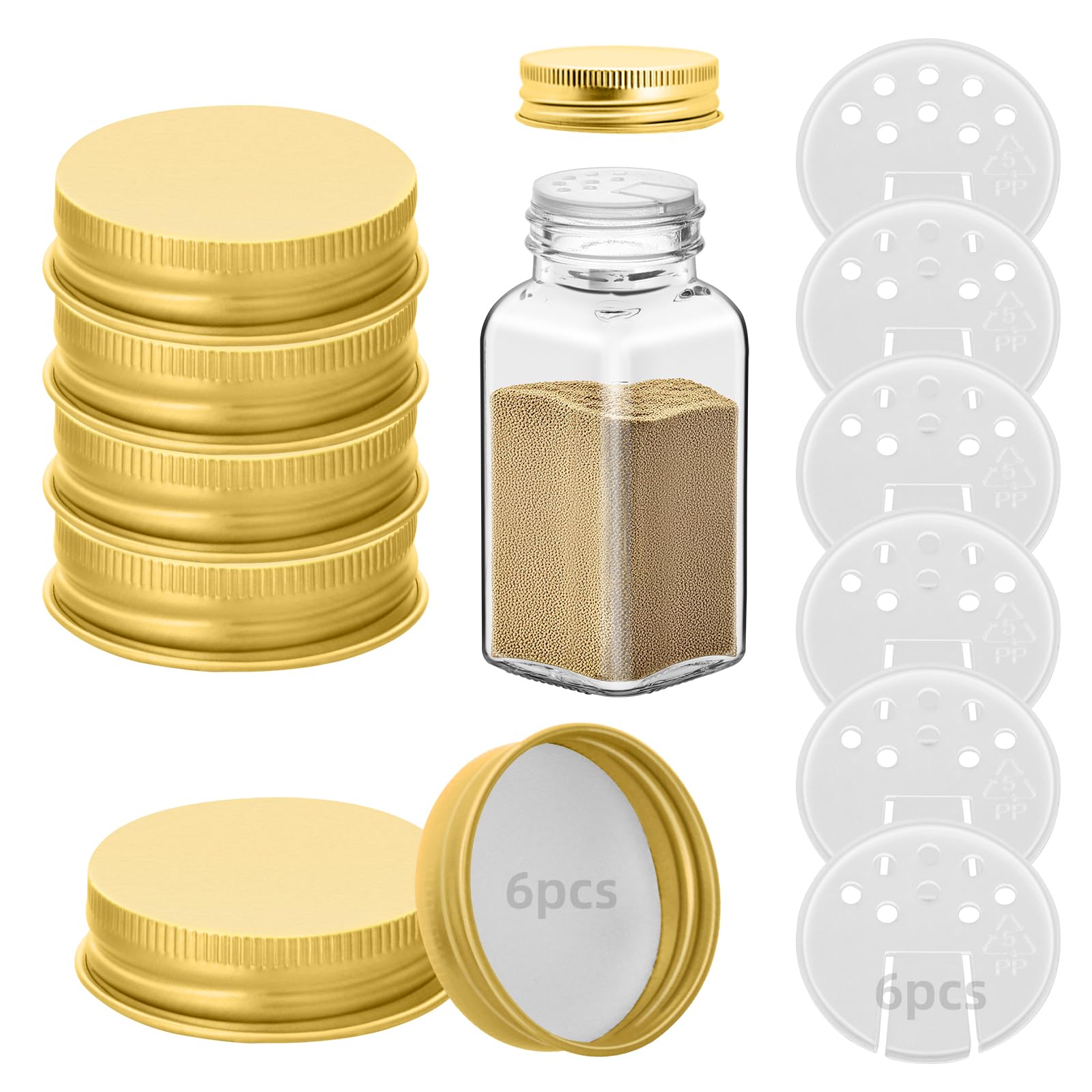 Eispap Gold 6 Iron Spice Jar Lids With 6 Shaker Inserts, Fit 4Oz & 6Oz Glass Jars, Airtight Metal Caps, 2-In-1 Pour & Sprinkle Design For Salt, Pepper & Seasoning (Jars Not Included) (Gold)