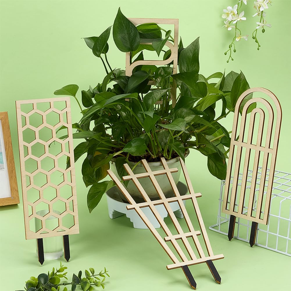 FINGERINSPIRE 4Pcs Treillis pour Plantes D'Intérieur 4 Styles en Bois Amande Blanchi pour Plantes Grimpantes D'Intérieur Formes Mixtes Support pour Plant de Jardin Lierre Plant D'Extérieur en Pot