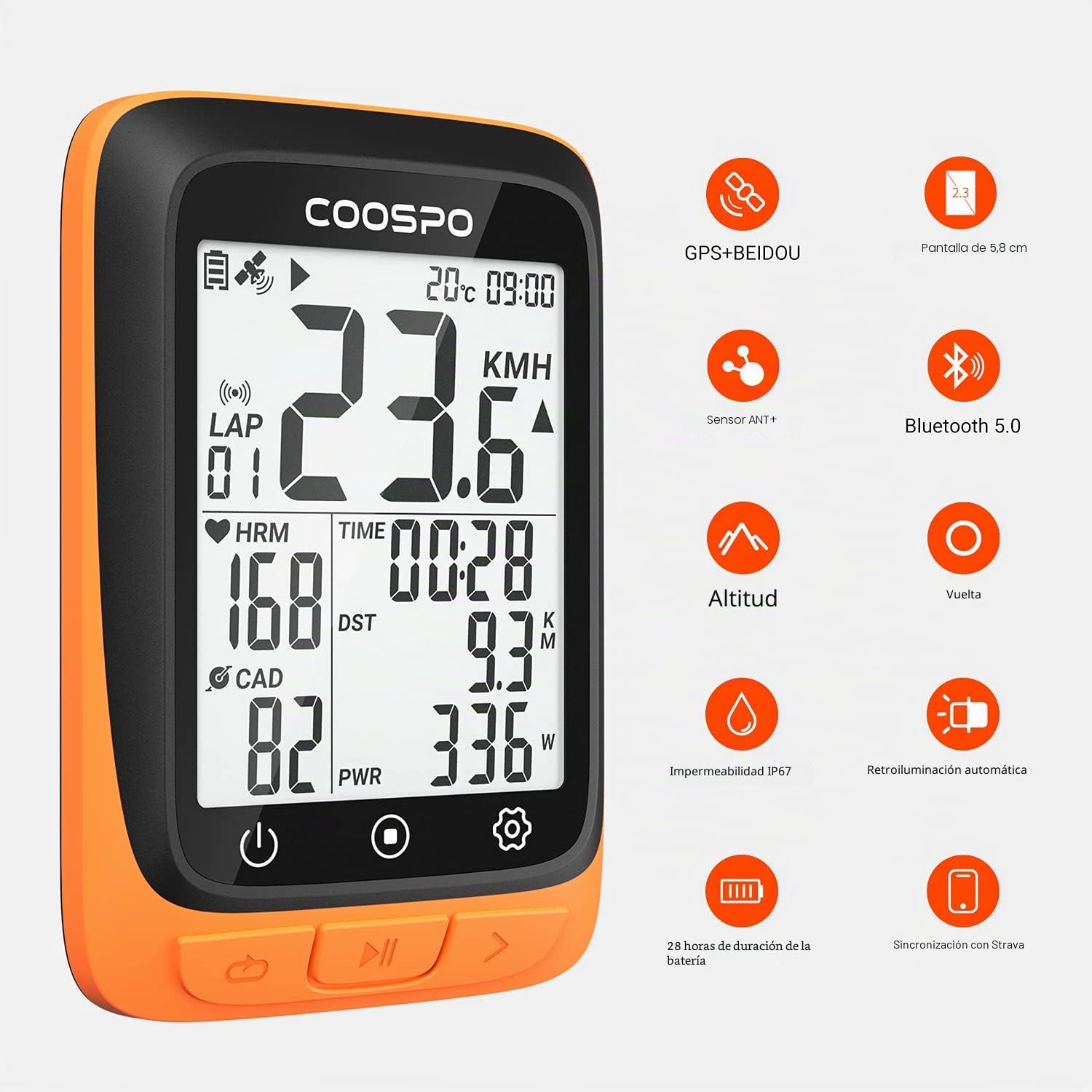 COOSPO BC107 Velocímetro inalámbrico, Alibración automática del Tiempo de adquisición de la señal, Impermeable IP67 | Bluetooth Ant+| 2,4 Pulgadas Retroiluminación Automática Adecuado para Todas Las