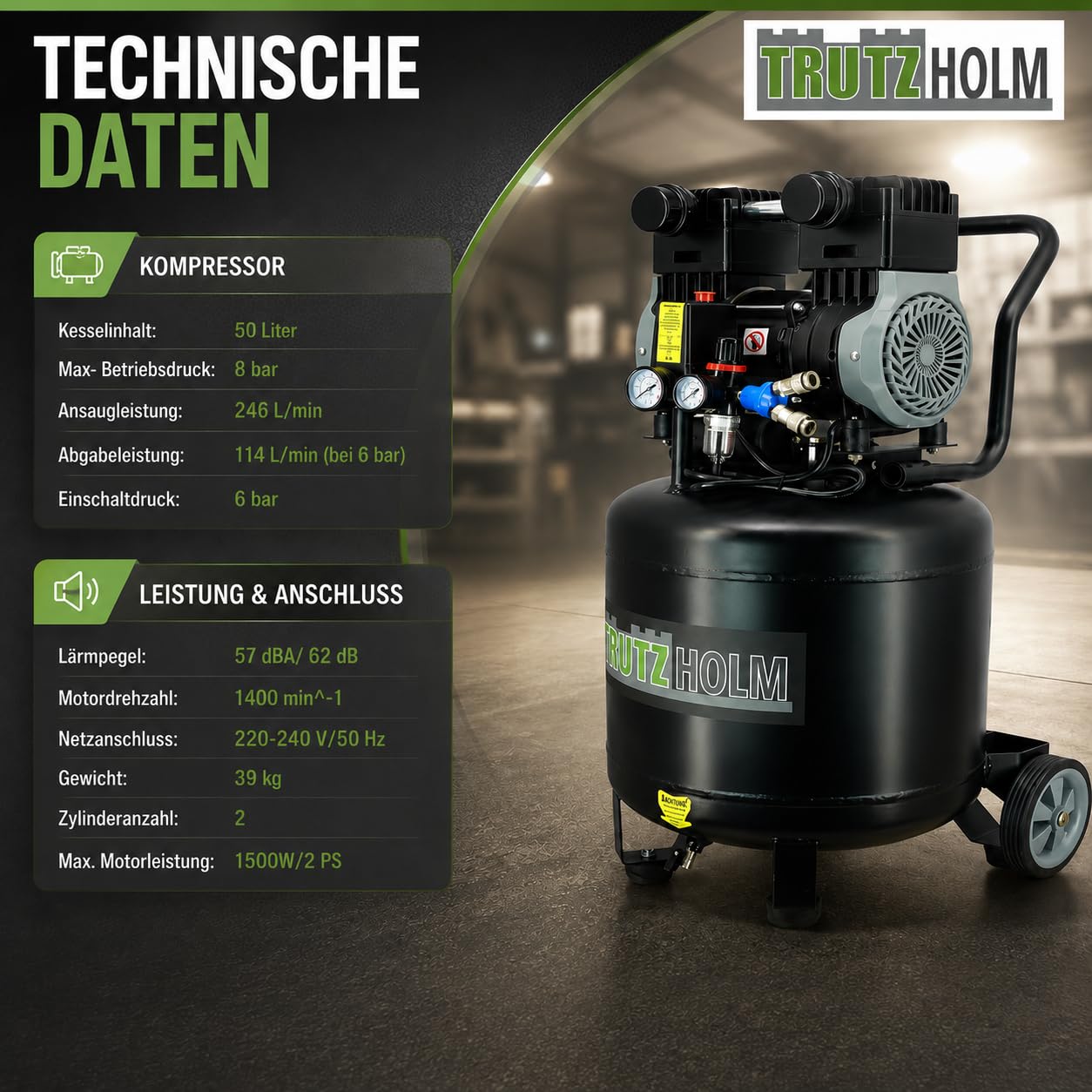 TRUTZHOLM Brushless Silent Flüsterkompressor innenbeschichtet 900-4500W silent leise 57-62dB Druckluft, Kompressor, ölfrei, 8 bar, Ansaugleistung 128-738 L/Min (49 Liter)