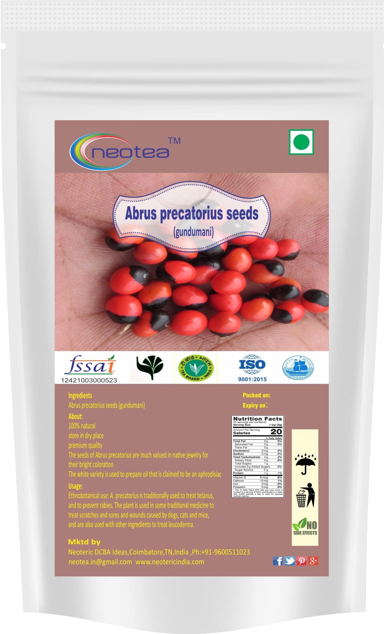 Neotea Abrus Precatorius Seeds/Gundumani/Gaunchi/Kundu Mani – 200GM | Organic & Natural Herbal Supplement for Health, Wellness, & Traditional Uses