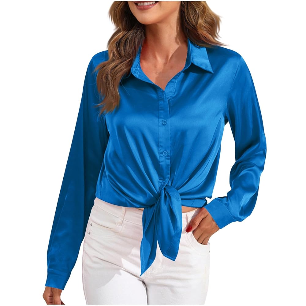 Women's Satin Silk Blouse Long Sleeve Collared Neck Button
