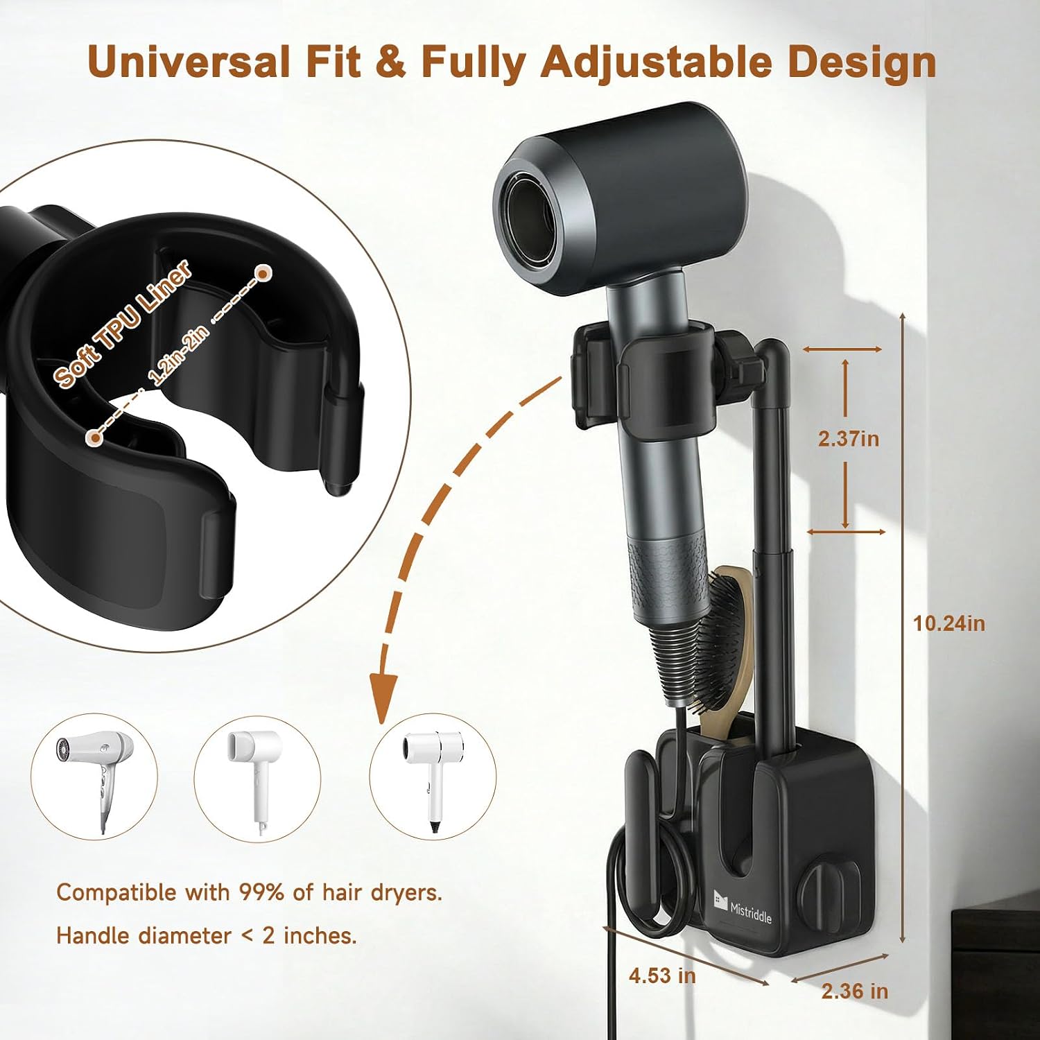 Hands Free Hair Dryer Holder Wall Mount, Anti-Shake Blow Dryer Stand with Storage Slot, Drill-Free Adhesive or Screw Installation, Height & Front-Back Adjustable Arm, Bathroom Organizer(Black)