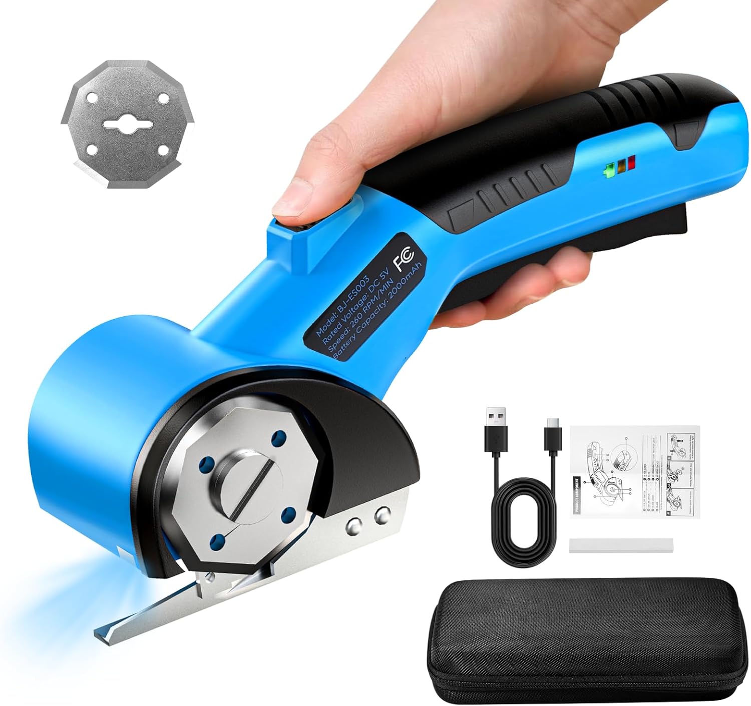 Cordless Electric Scissors, 5V Rechargeable Cardboard Box Cutter Heavy Duty Rotary Tool with Safety Lock & LED Light for Cardboard, Fabric, Box (Blue) Blue - Electric Scissors