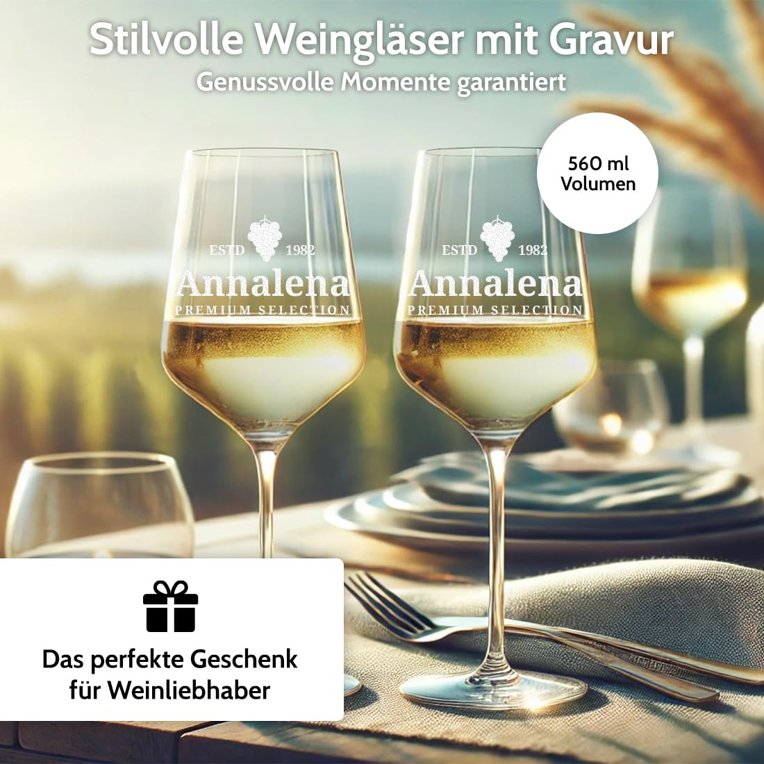 polar-effekt Weinglas 560 ml 2er-Set & Holzkiste mit personalisierter Gravur - Geschenk für Sie & Ihn - Geburtstagsgeschenk für Genießer - Personalisiert