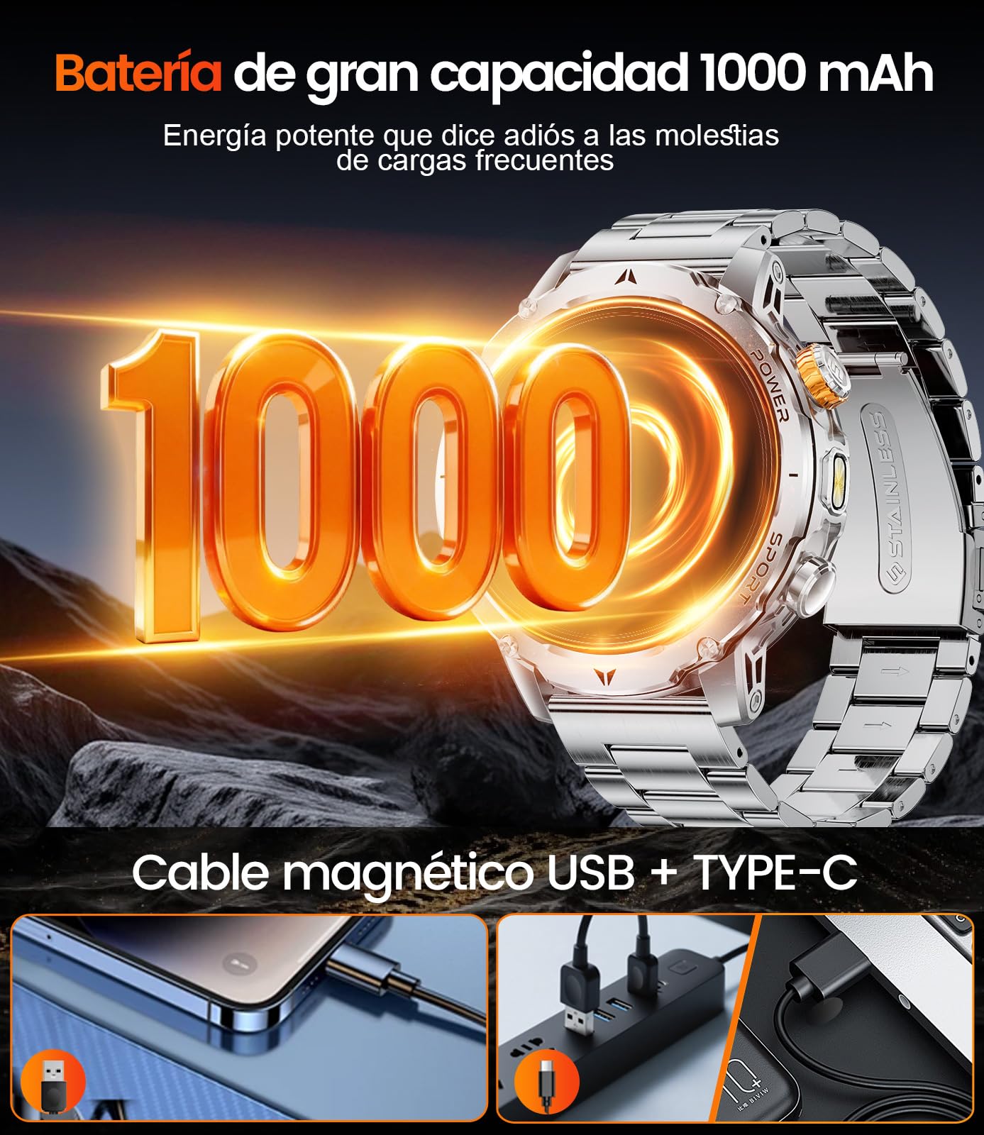 Reloj Inteligente Hombre Militar 1000mAh, Smartwatch 1,7'' con Linterna LED y Llamadas Bluetooth, 110+ Modos Deportivos, IP68, Frecuencia Cardíaca 24H, Android/iOS, 3 Pulseras + 2 Cargadores, EF24-B