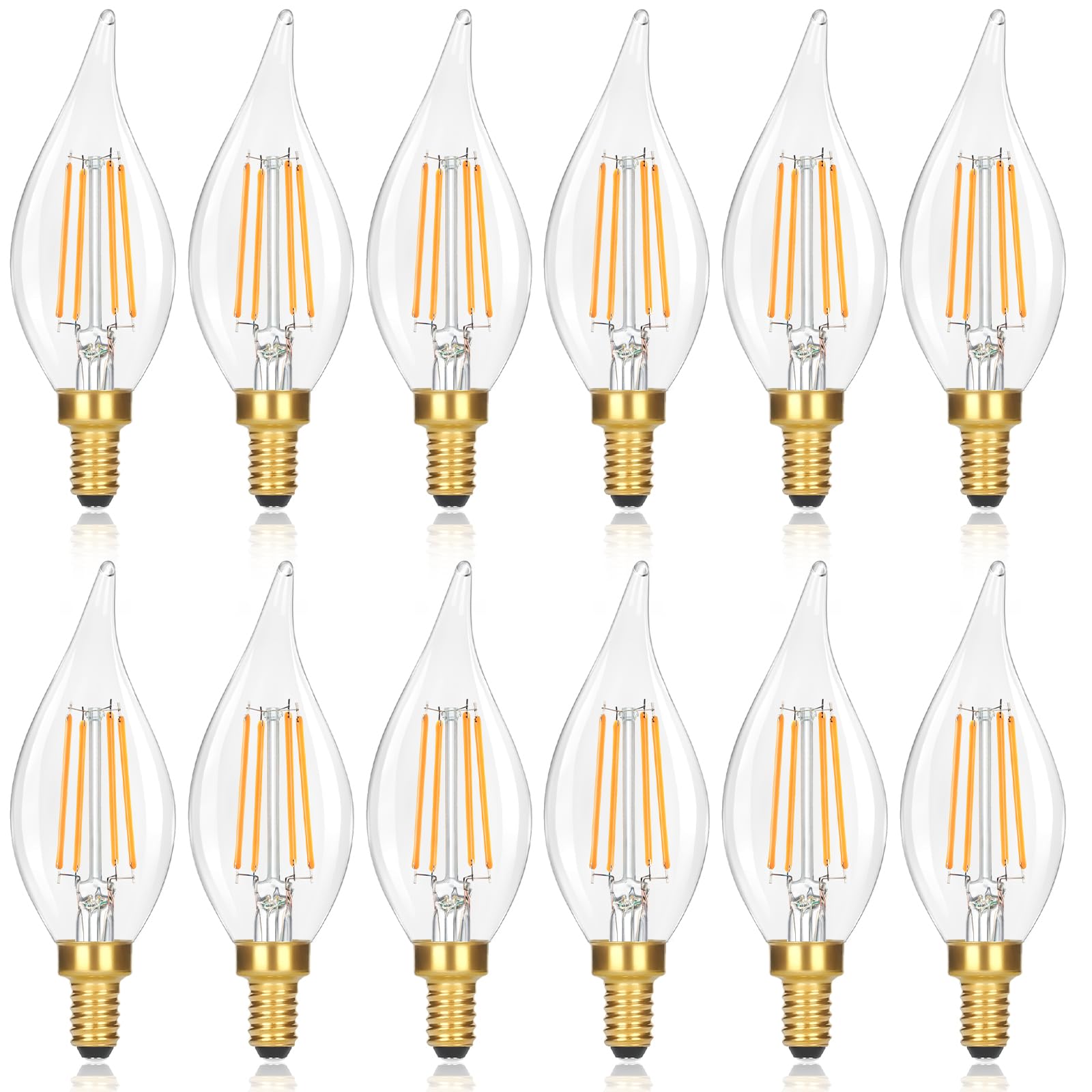 GoBright E12 LED Candelabra Bulbs 60 watt Equivalent, 2700K Soft Warm White Dimmable Chandelier Light Bulbs, 6W 630LM Flame Tip Candle Light Bulbs for Ceiling Fan, Home Decor, 12-Pack