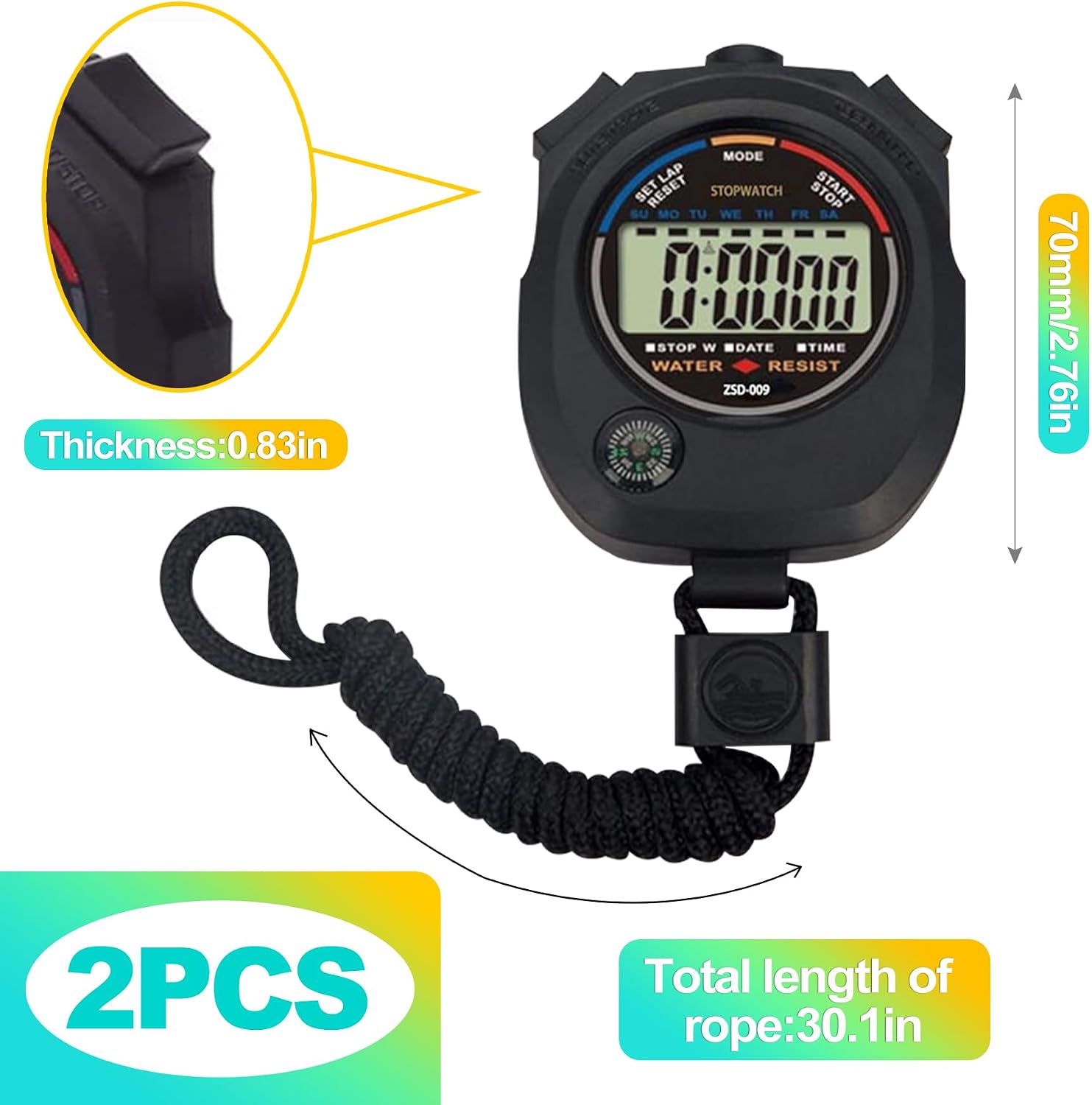 2 Pack Digital Stopwatch Timer: Large Display, 1/100 Sec Accuracy, Time/Date/Alarm - Handheld Stop Watch for Sports, Coaches, Kids, Referees, Training, Cronometro Digital, Includes Lanyard