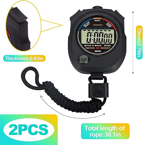 Miniatura 2 de Paquete de 2 cronómetros digitales con temporizador pantalla grande, precisión de 1100 segundos, horafechaalarma, cronómetro de mano para deportes,