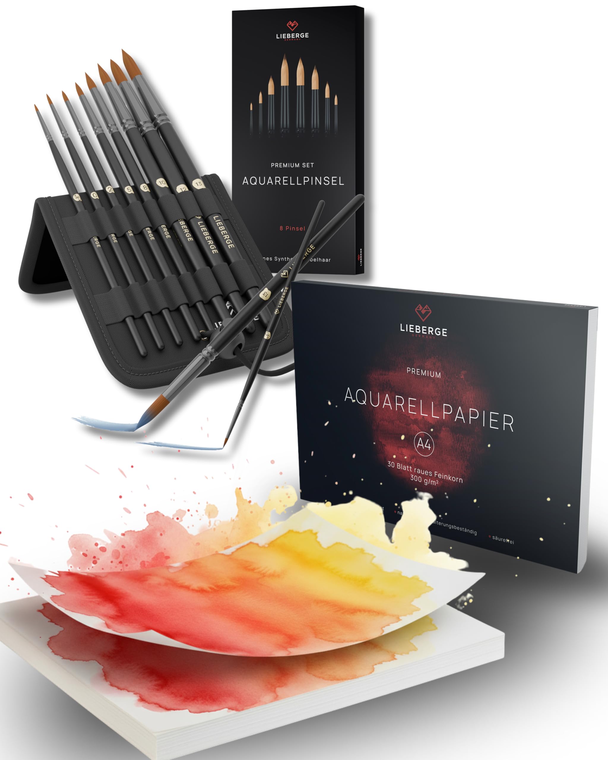 LIEBERGE Aquarell-Set: Aquarellpinsel 8er-Set + Aquarellpapier A4 | Kompletteinstieg ins Aquarellieren: 8 Aquarellpinsel aus Synthetik-Zobelhaar + Aquarellpapier A4 300g, 30 Blatt