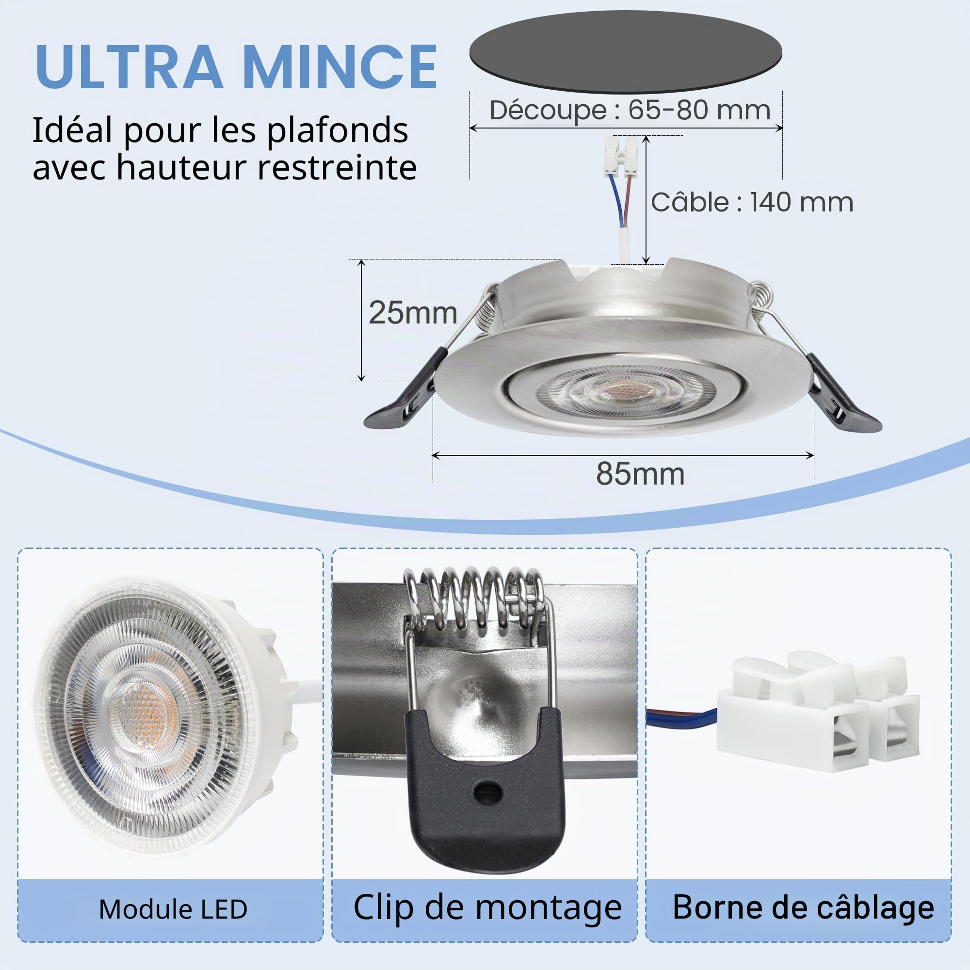 Spot LED Encastrable Dimmable 220V, 5.5W 600LM IP44 Spots LED Encastrable Extra Plat 68mm, 45° Orientable Spots de Plafond 2700K Blanc Chaud Spot Salle de Bain, Nickel Brossé Lot de 6