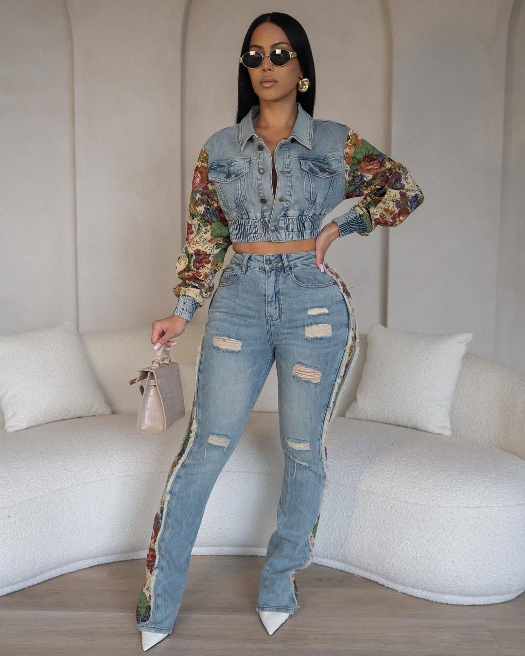 Molilove Denim Jacket For Women Casual Button Down Floral Print Long Sleeve Cropped Jean Jacket With Pocket Fall Y2K Clothes
