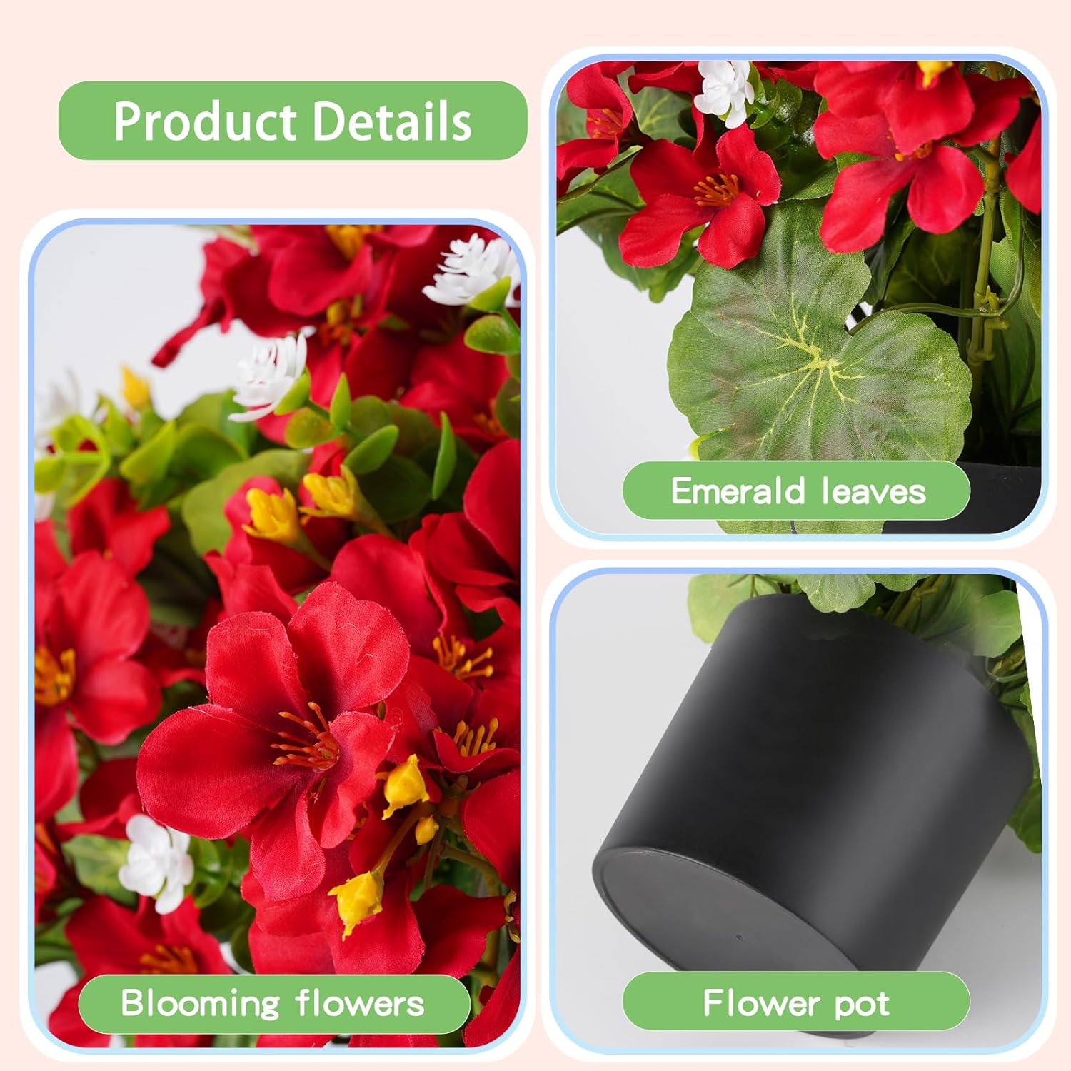 14'' Fake Plants Artificial Geraniums Flowers in Pot for Home Garden Indoor Outdoor Christmas Spring Summer Decorations (Red)