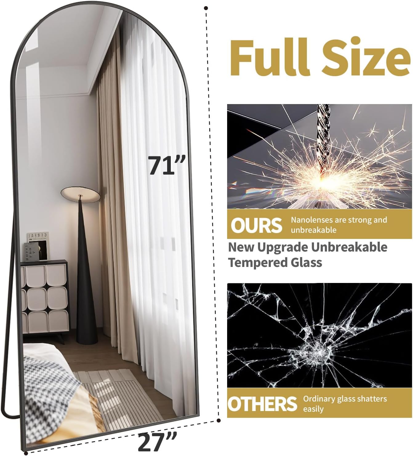 DMWOODFL 71"x26" Arched Full-Length Mirror with Explosion-Proof HD Glass - Oversized Floor or Wall-Mounted Full Body Mirror for Bedroom, Living Room, and Cloakroom (Black)