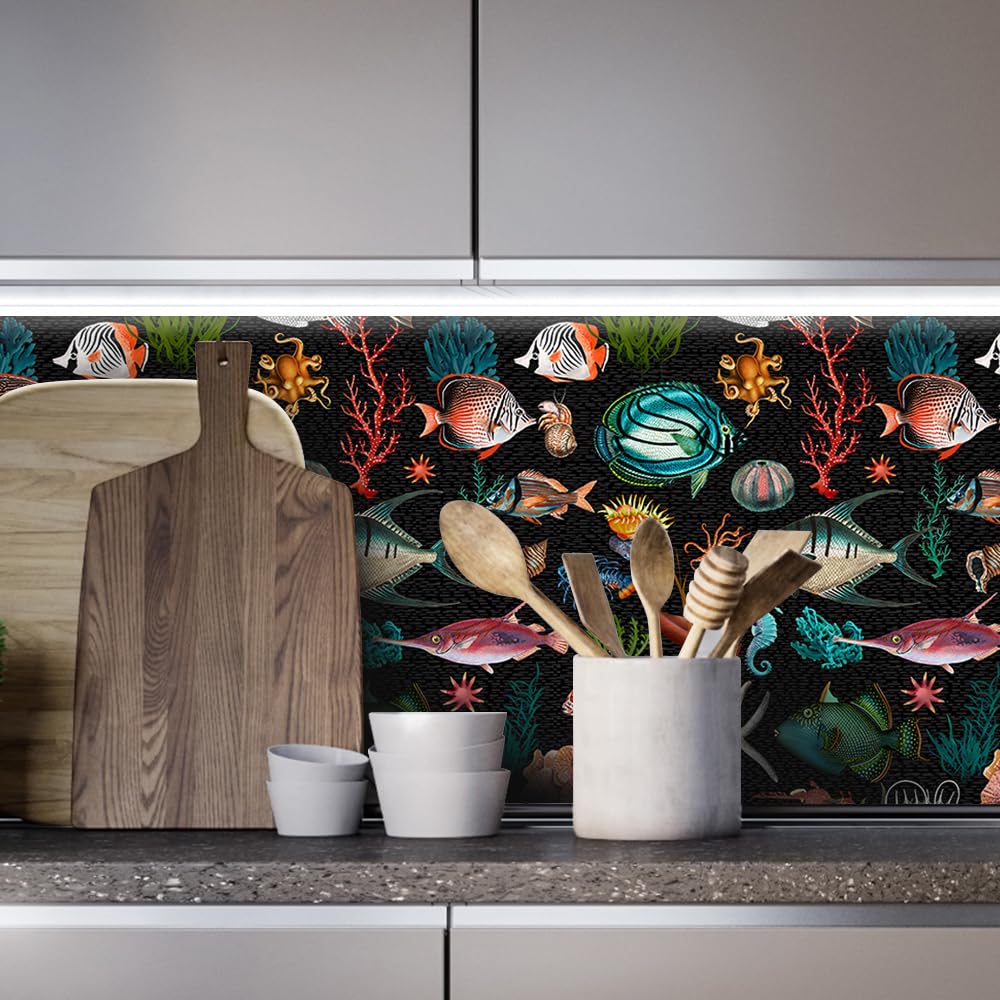 Ryba oceaniczna, czarna, odklej i przyklej, tapeta, podwodny świat, samoprzylepna, zdejmowana, łatwa do odklejenia, papier kontaktowy, do szafki sypialni, przyjazna dla najemcy, 45 cm x 600 cm