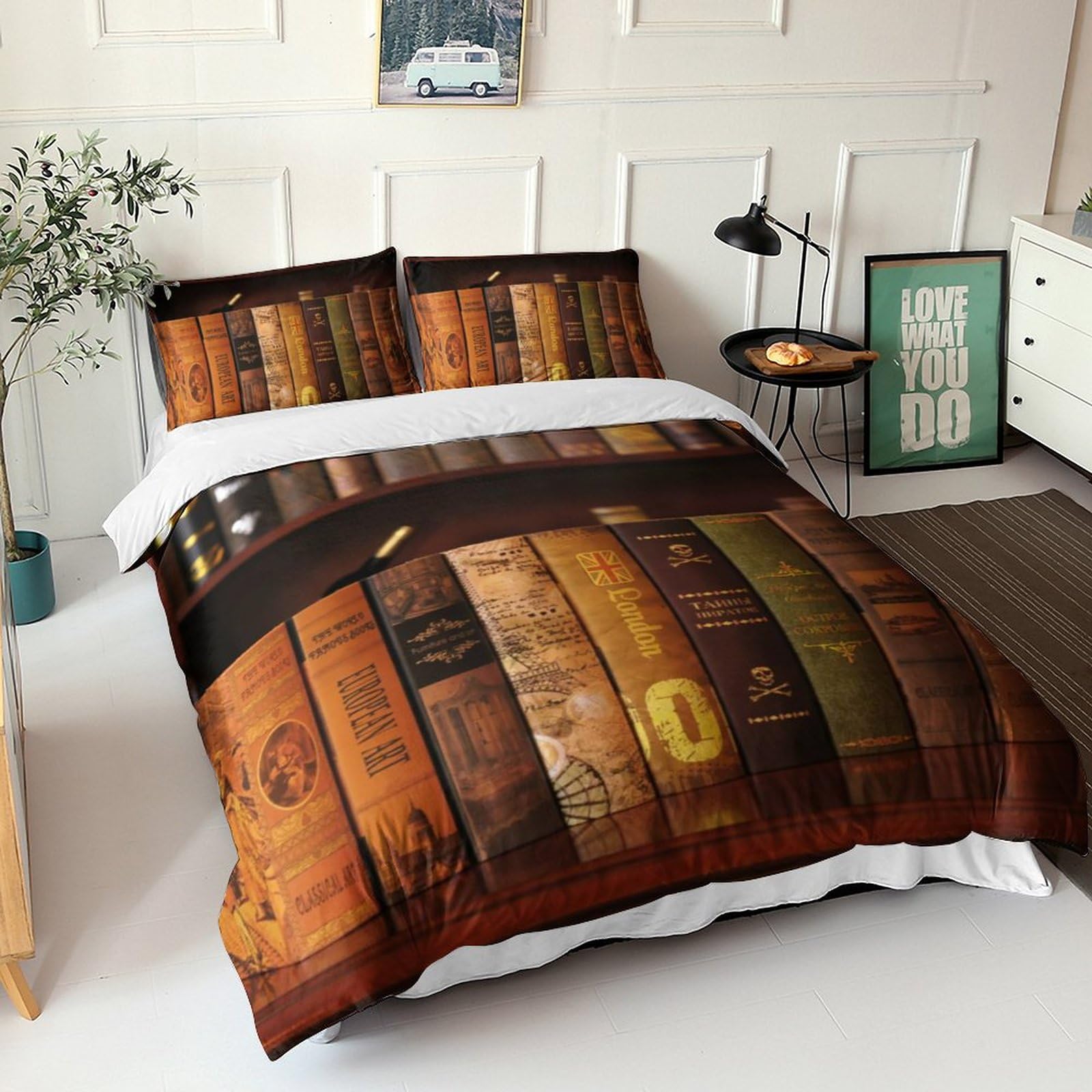 Ensemble de literie vintage en microfire douce avec motif livres anciens imprimé en relief 3D