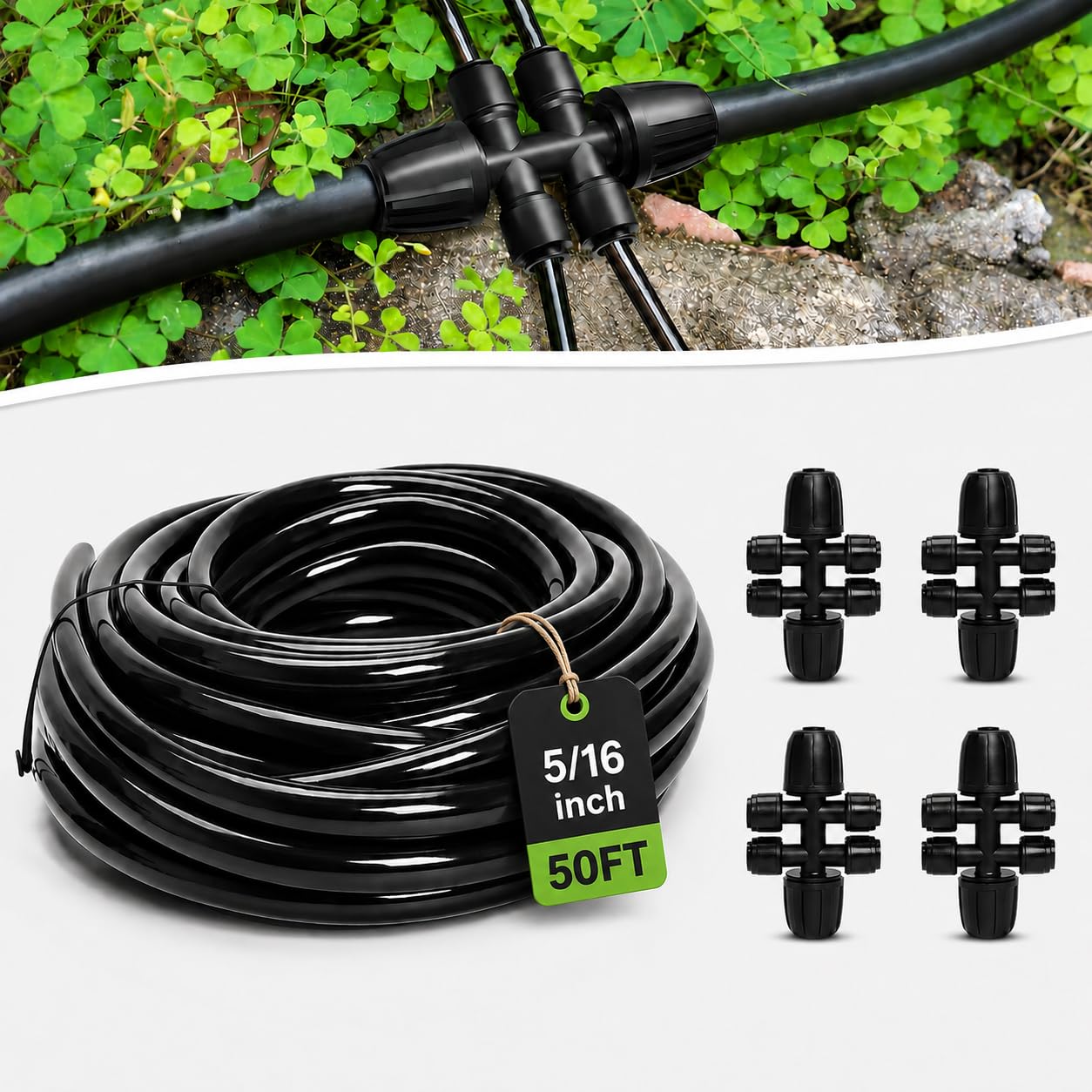 Photo 1 of Bonviee 50FT 5/16” Drip Irrigation Mainline Tubing with 4-Way Push-to-Connect Couplers (4 Pack) – Compact DIY Garden Irrigation Distribution System for Misting, Raised Beds & Small Spaces