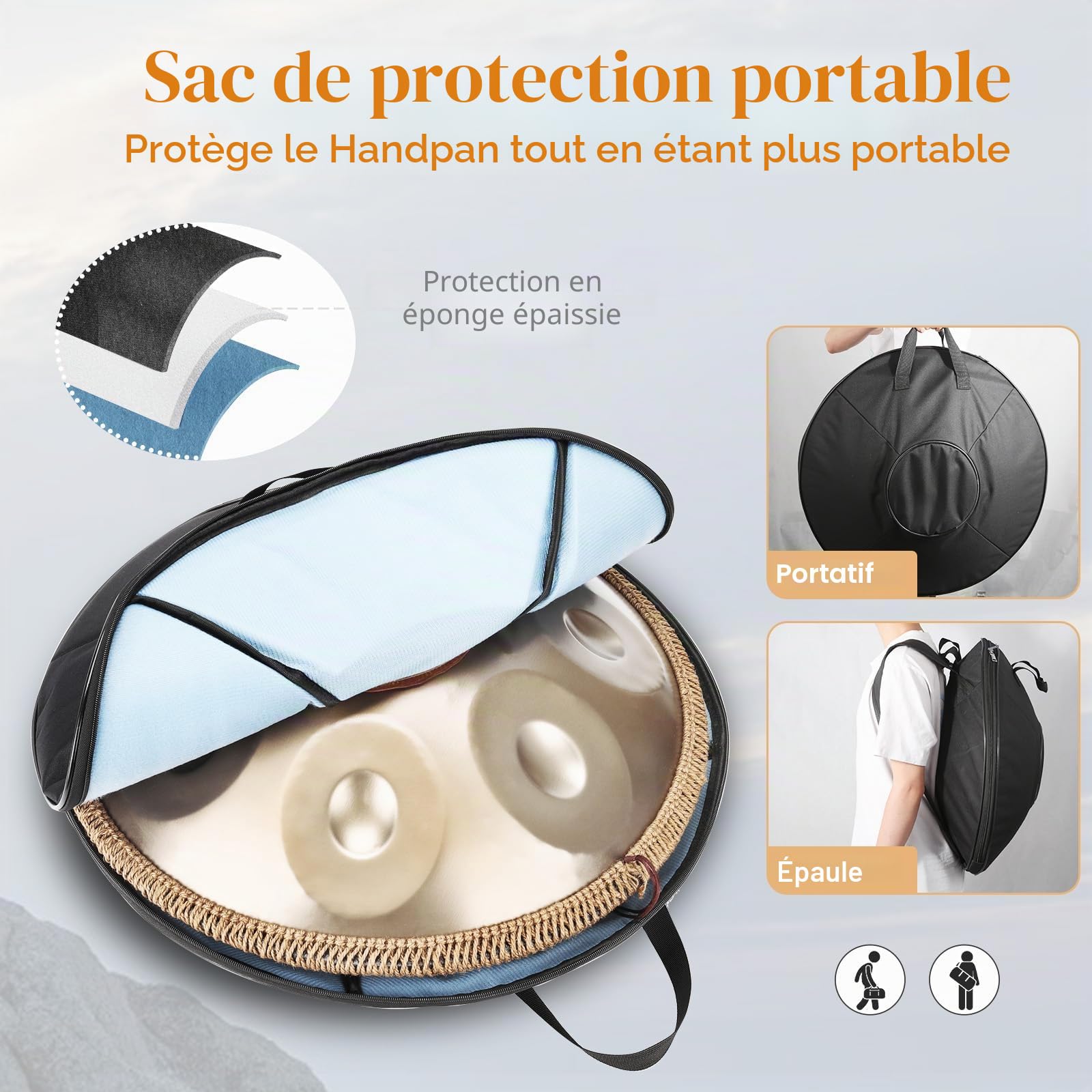 Handpan Drum, 22 Pouces Or Steel Hand Pan Tongue Drum D Minor 10 Tons 440 Hz pour Yoga, Méditation avec Sac à dos, Support de Batterie