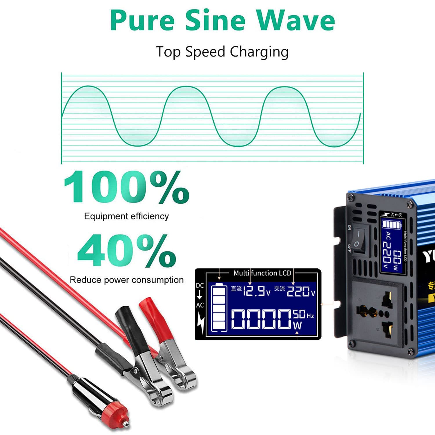Przetwornica napięcia przetwornica czystej fali sinusoidalnej 12V 24V 48V 60V 72V do 230v 2200W 2800W 3500W 4000W 4500W 5500W 6500W 8500W przetwornica z gniazdem i wyświetlaczem napięcia,2200W-12V