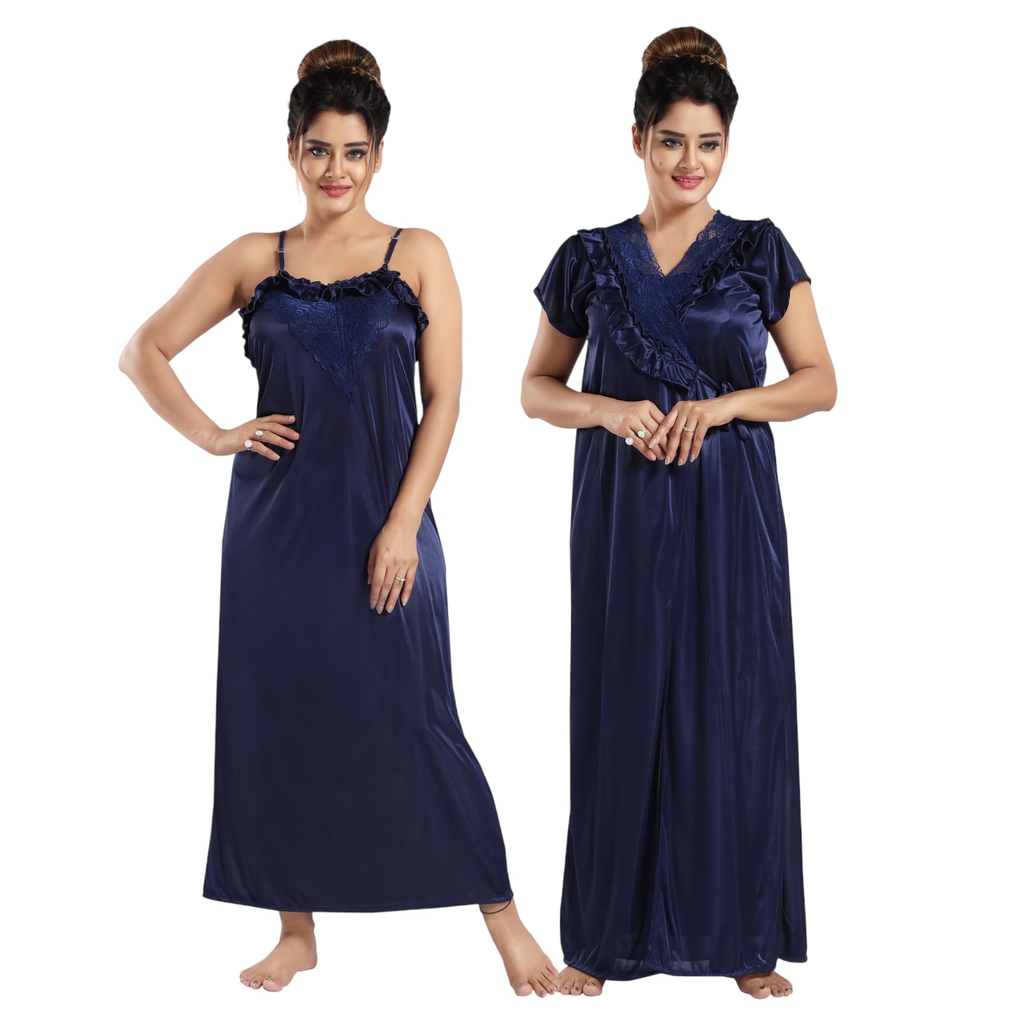 Apparels Solid Satin Nighty with Robe | 2-Piece Robe & Gown | Solid Maxi Nightwear Set (Free Size)-image-34