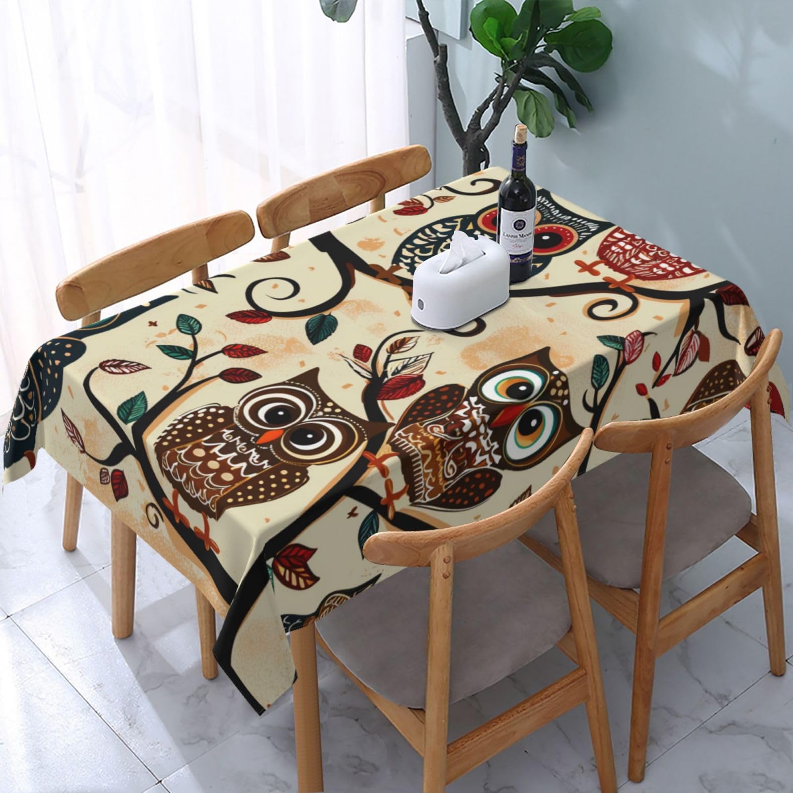 WPKJU Owls on Tree Branches Printed Tablecloth Water Resistant Table Cover Washable Rectangle Table Cloth for Tables 54x72 in