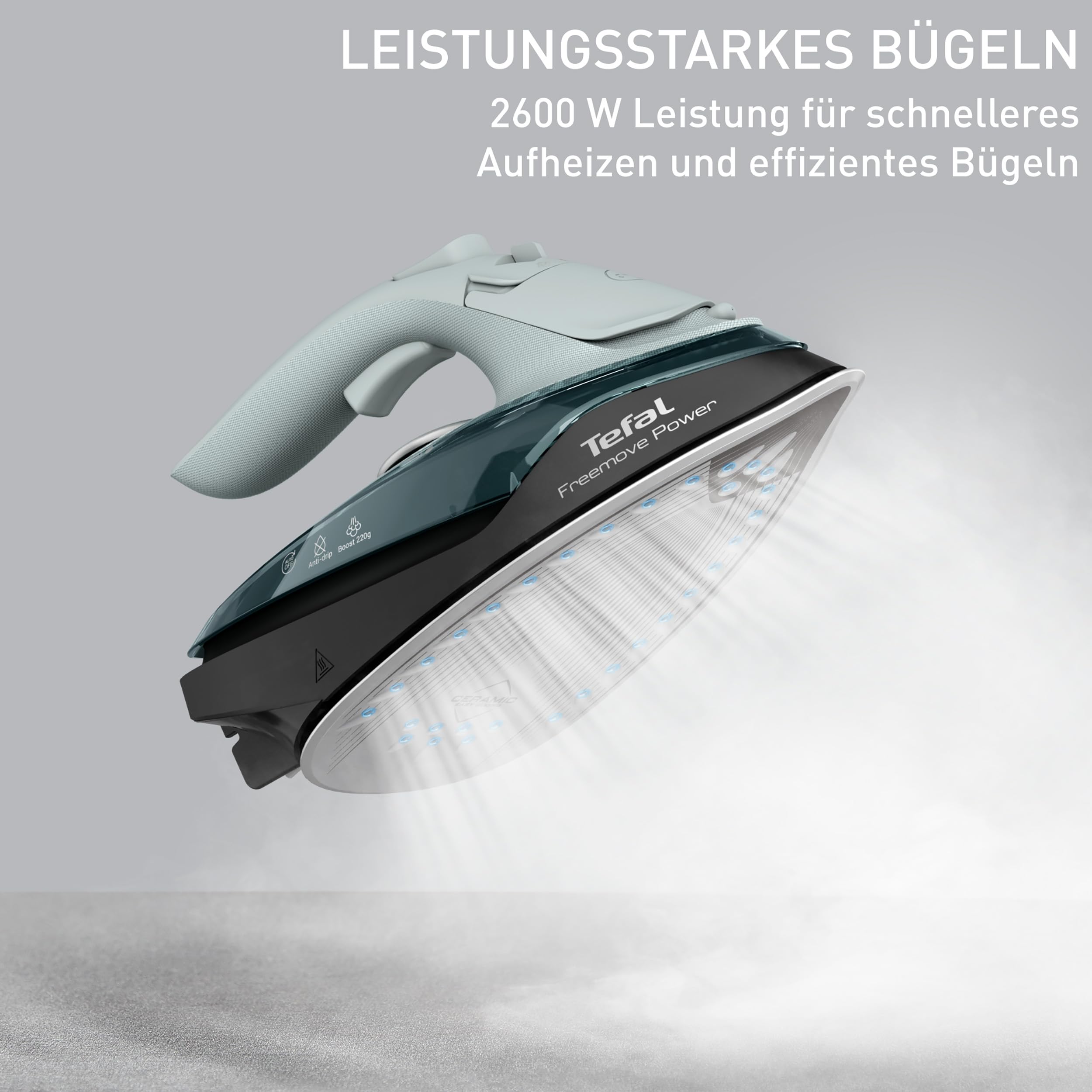 Tefal Freemove Power kabelloses Dampfbügeleisen, 2600 Watt, 40 g/Min. Dampfmenge, 220 g/Min. Dampfstoß, 250 ml Wassertank, Auto-Off, kratzfeste Keramik-Bügelsohle, Tropfstopp, Eukalyptus, FV6670E0
