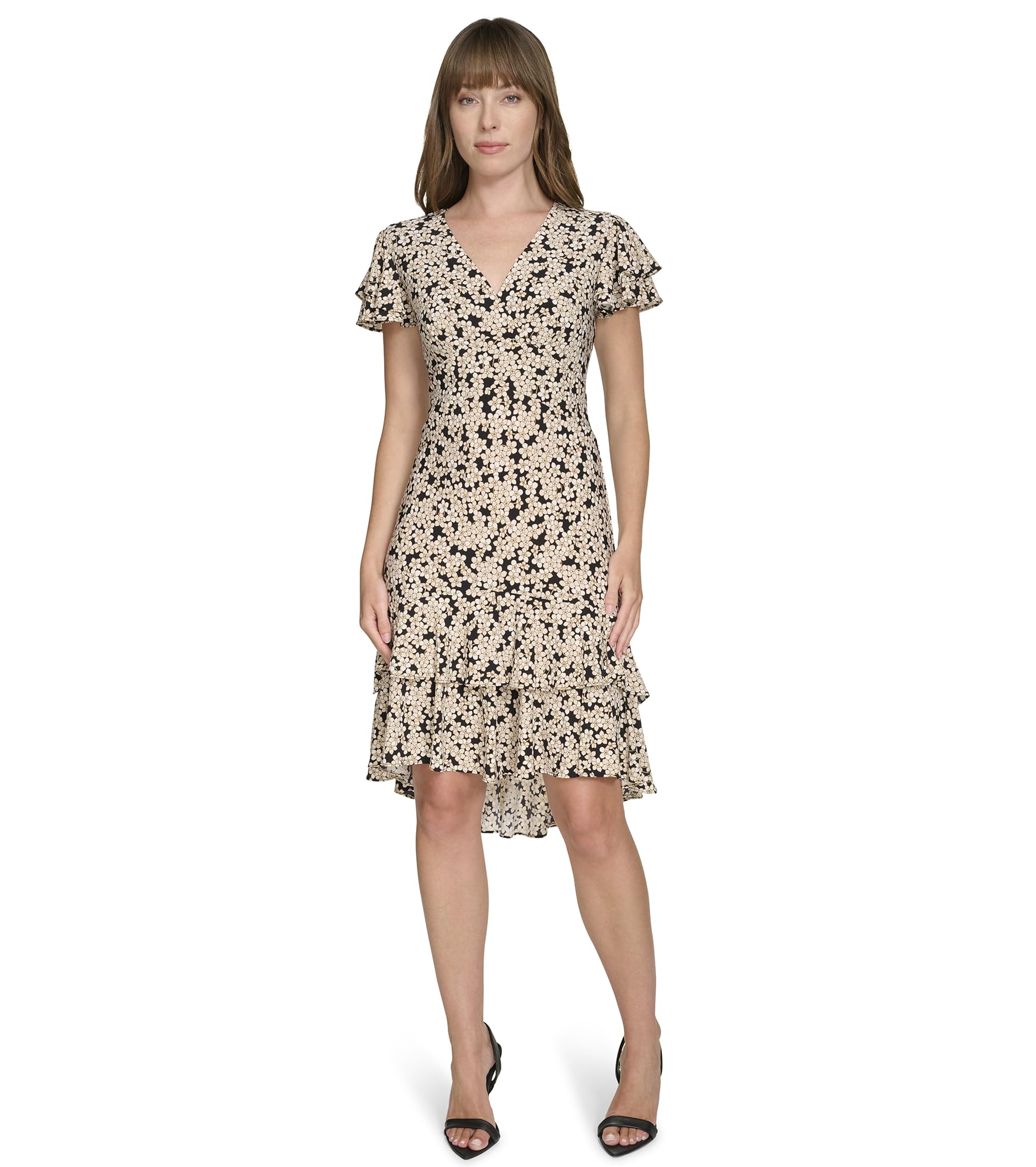 Tommy Hilfiger Women's Flutter Sleeve V-Neck Ruffle Trim Chiffon Mini Dress