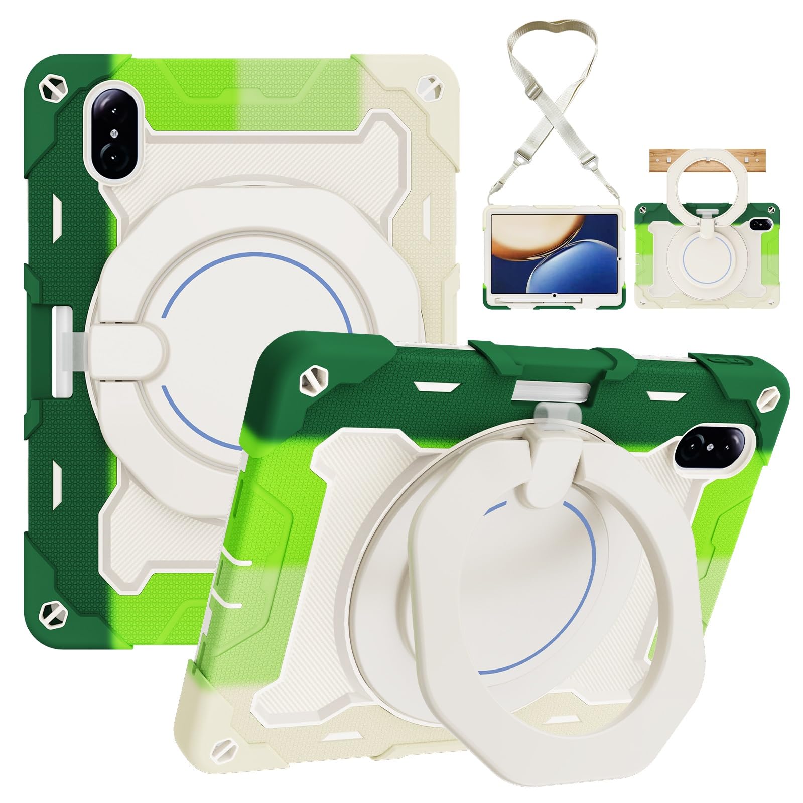Wytrzymałe etui ochronne do Honor Pad V8/V7 Pro 11 cali, obrotowa podstawka 360°, pasek na ramię, uchwyt ołówek i pierścień uchwytu, odporna wstrząsy osłona dla dzieci dorosłych(Green White)