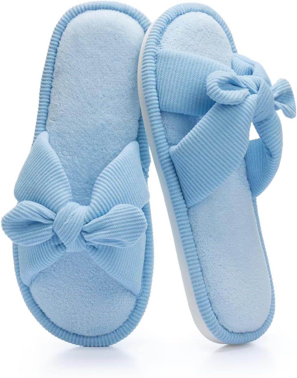 NineCiFun Women's Open-toe Bow Slippers Memory Foam Indoor House Slides Corduroy Crossband Home Shoes for Summer